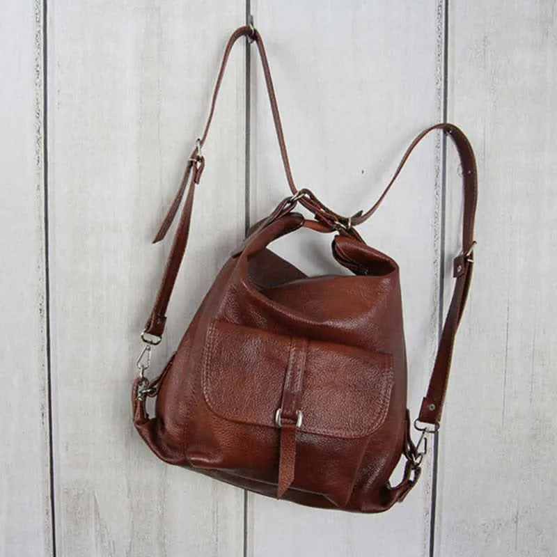 2-In-1 Leather Tote Backpack Shoulder Bag Retro Travel Day Pack Purse