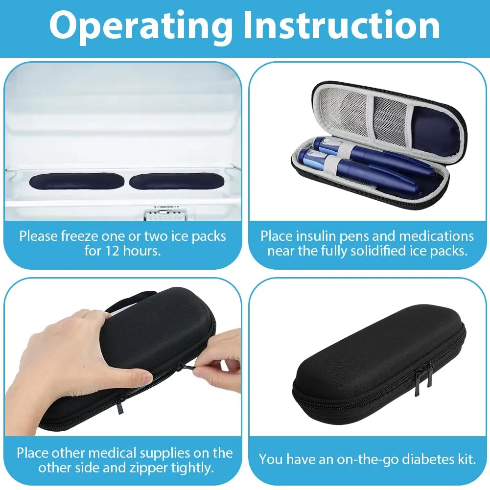 ACWOO insulin cooler bag, insulin pen cooler bag with 2 ice packs, TSA diabetic bag for insulin pen, diabetic accessories, epipen, syringes, insulin, travel diabetic bag, black black hard capsule