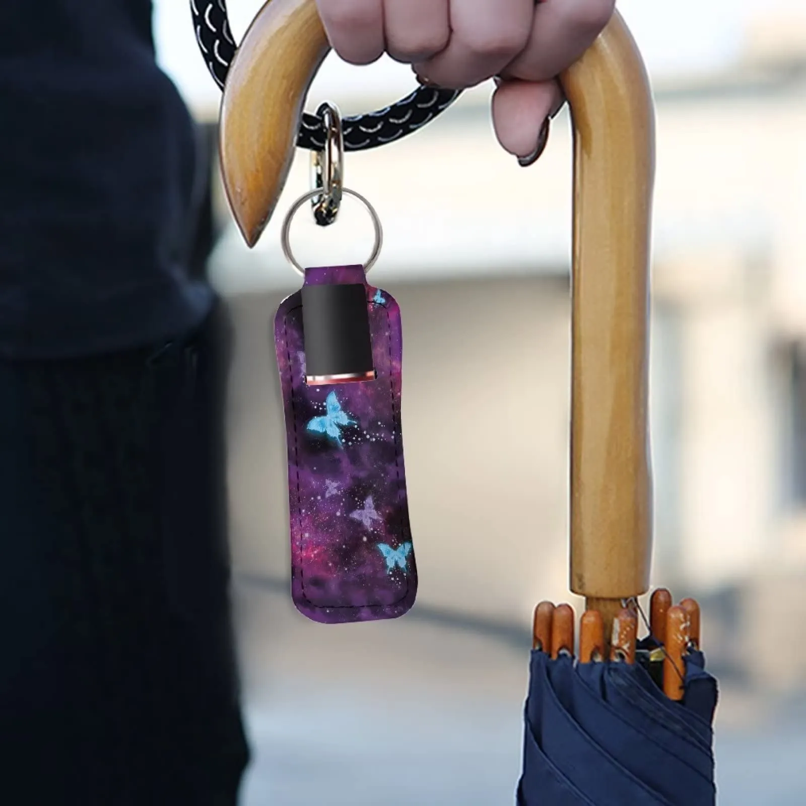Baxinh Galaxy Butterfly Chapsticks Holder Keychain for Lipstick Lip Balm, Functional Lipstick Holder Clip-on Keychain Car Accessories for Women Girl, Purple