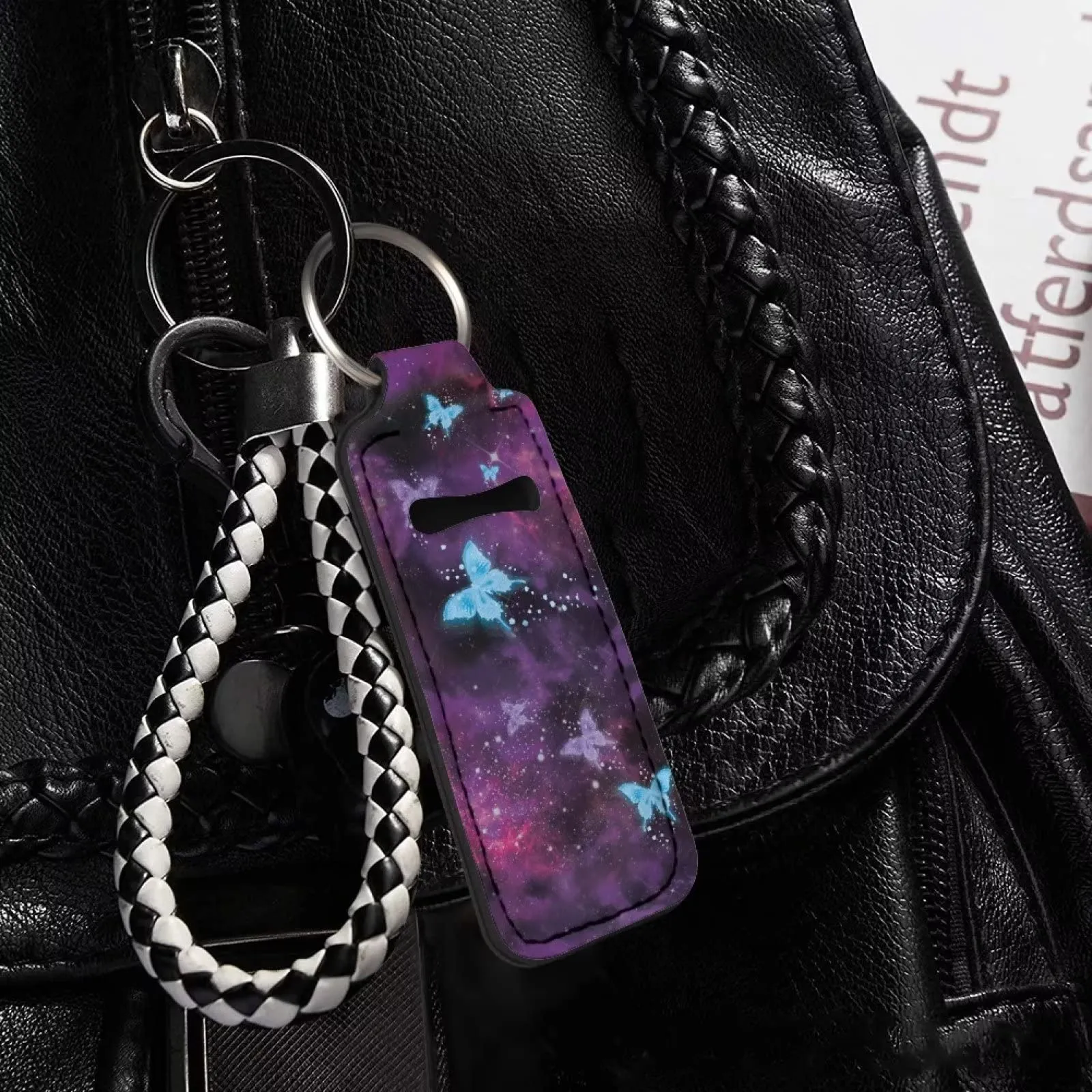 Baxinh Galaxy Butterfly Chapsticks Holder Keychain for Lipstick Lip Balm, Functional Lipstick Holder Clip-on Keychain Car Accessories for Women Girl, Purple