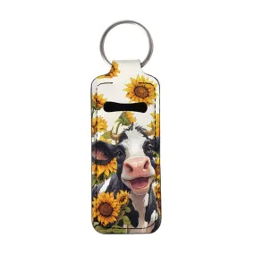 Baxinh Sunflower Cow Printed Chapstick Holder Keychain Clip-on Sleeve Chap Stick Pouch Lip Balm Holsteror Lipstick Tracker Safeguard