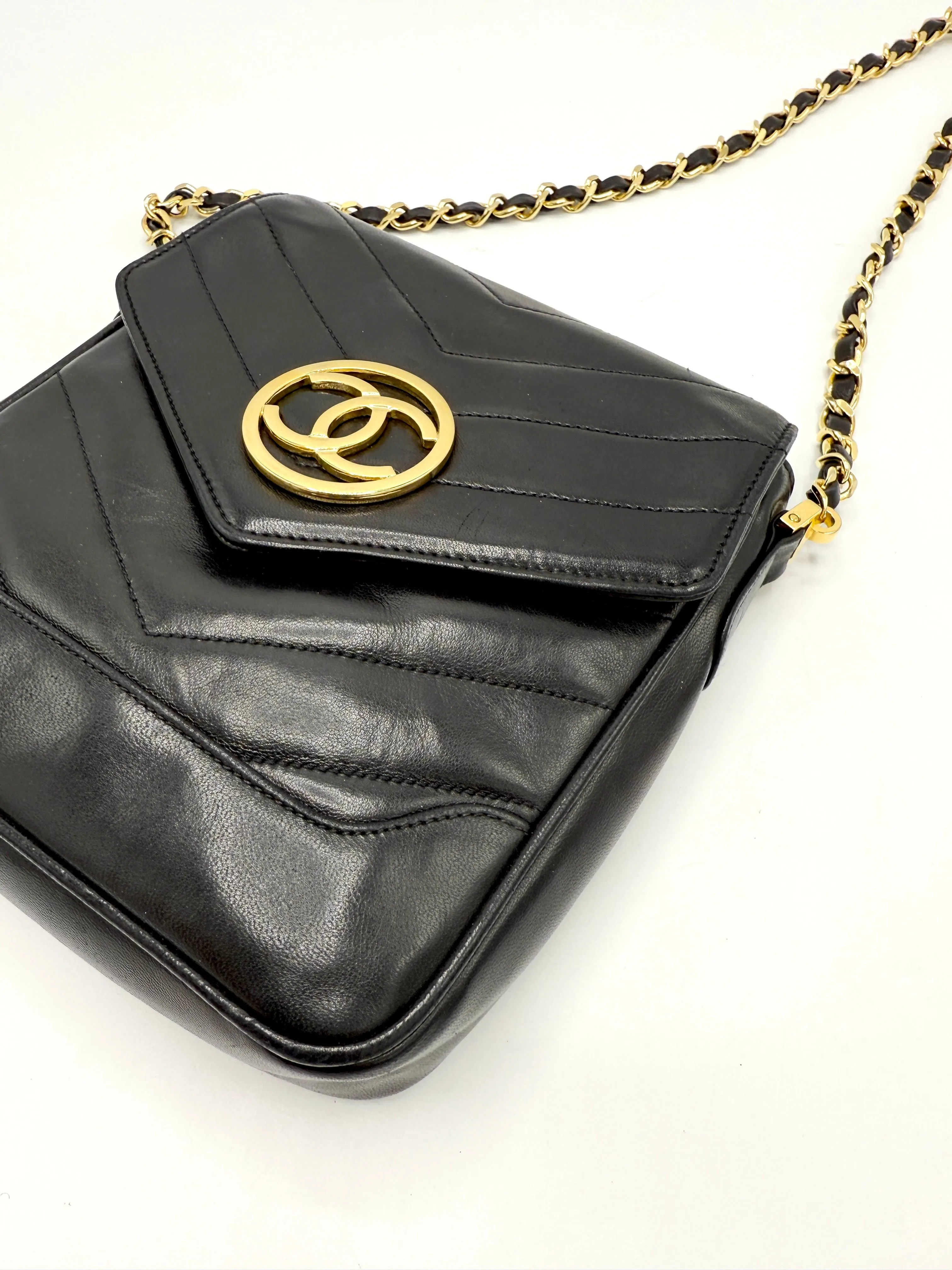 Black 24K CC Medallion Chevron Lambskin Mini Square Flap Crossbody