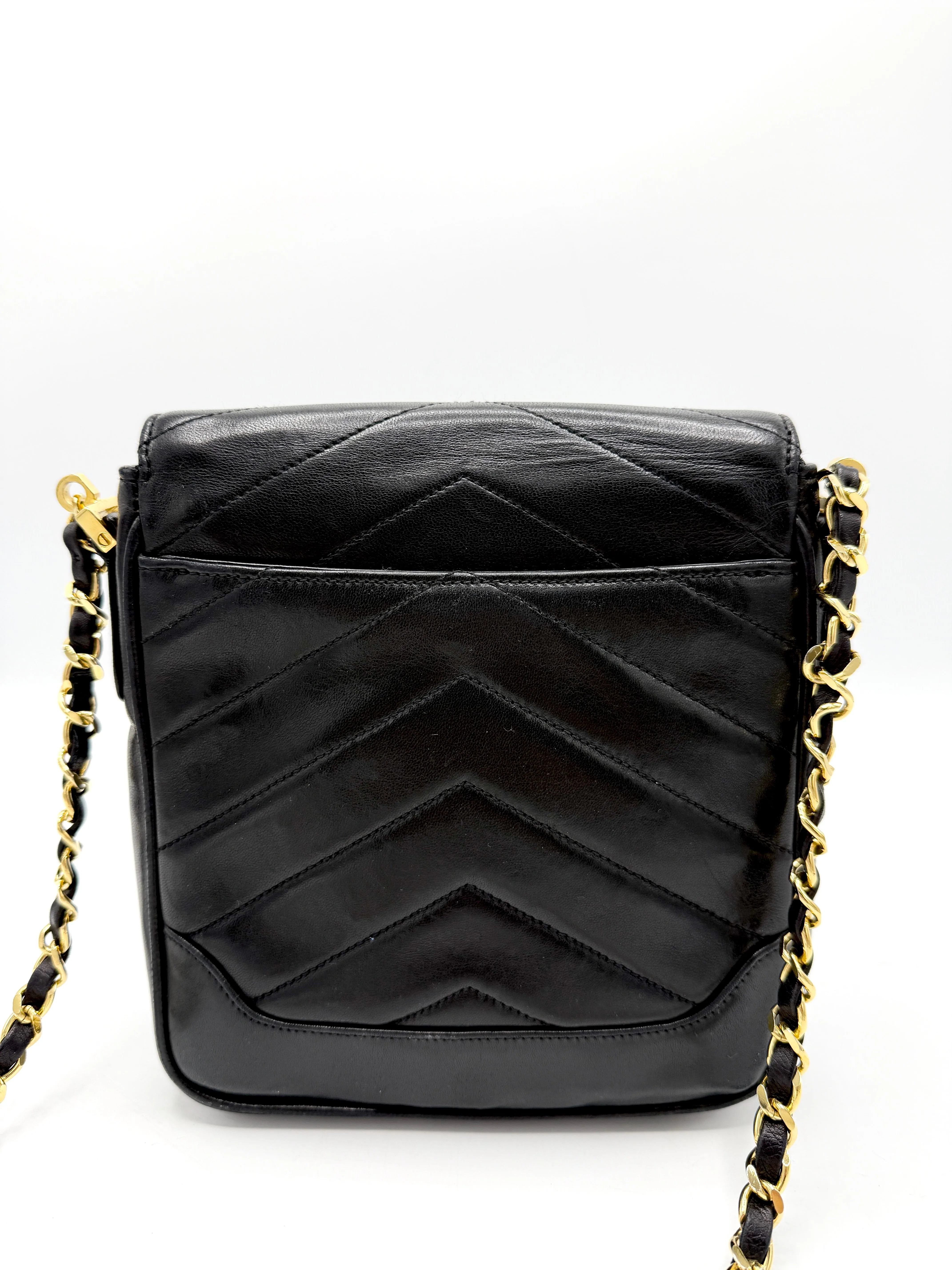 Black 24K CC Medallion Chevron Lambskin Mini Square Flap Crossbody