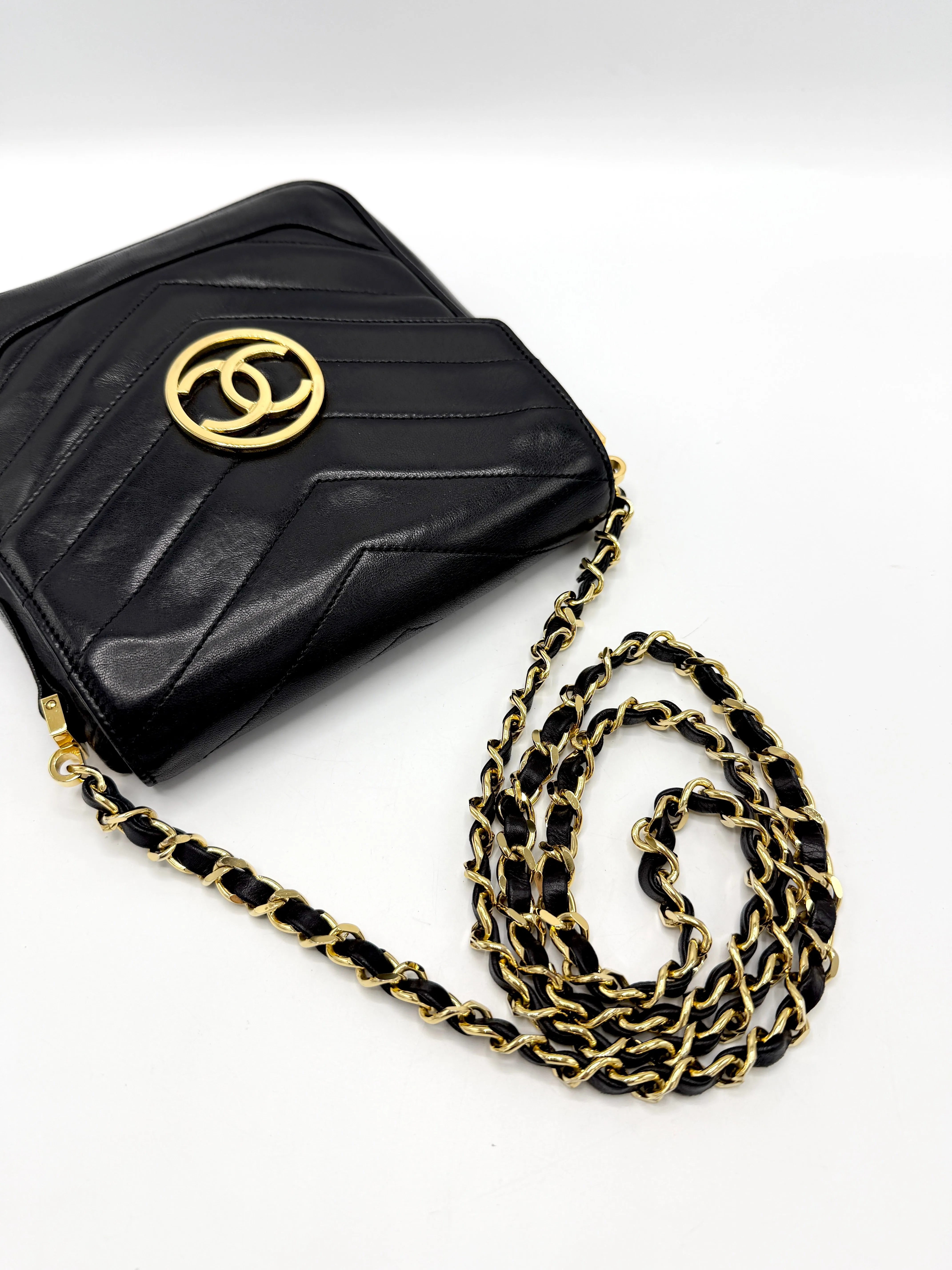 Black 24K CC Medallion Chevron Lambskin Mini Square Flap Crossbody