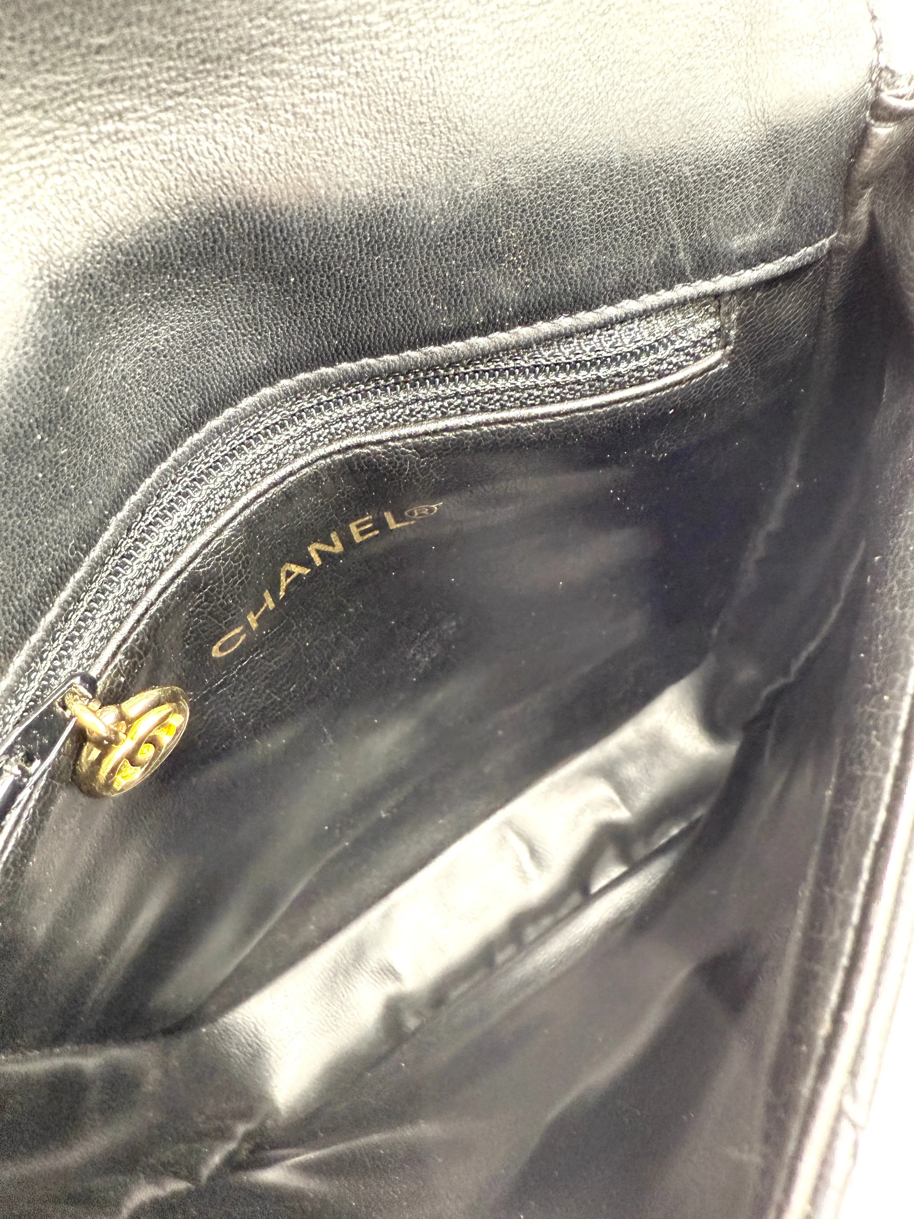 Black 24K CC Medallion Chevron Lambskin Mini Square Flap Crossbody