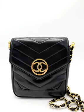 Black 24K CC Medallion Chevron Lambskin Mini Square Flap Crossbody