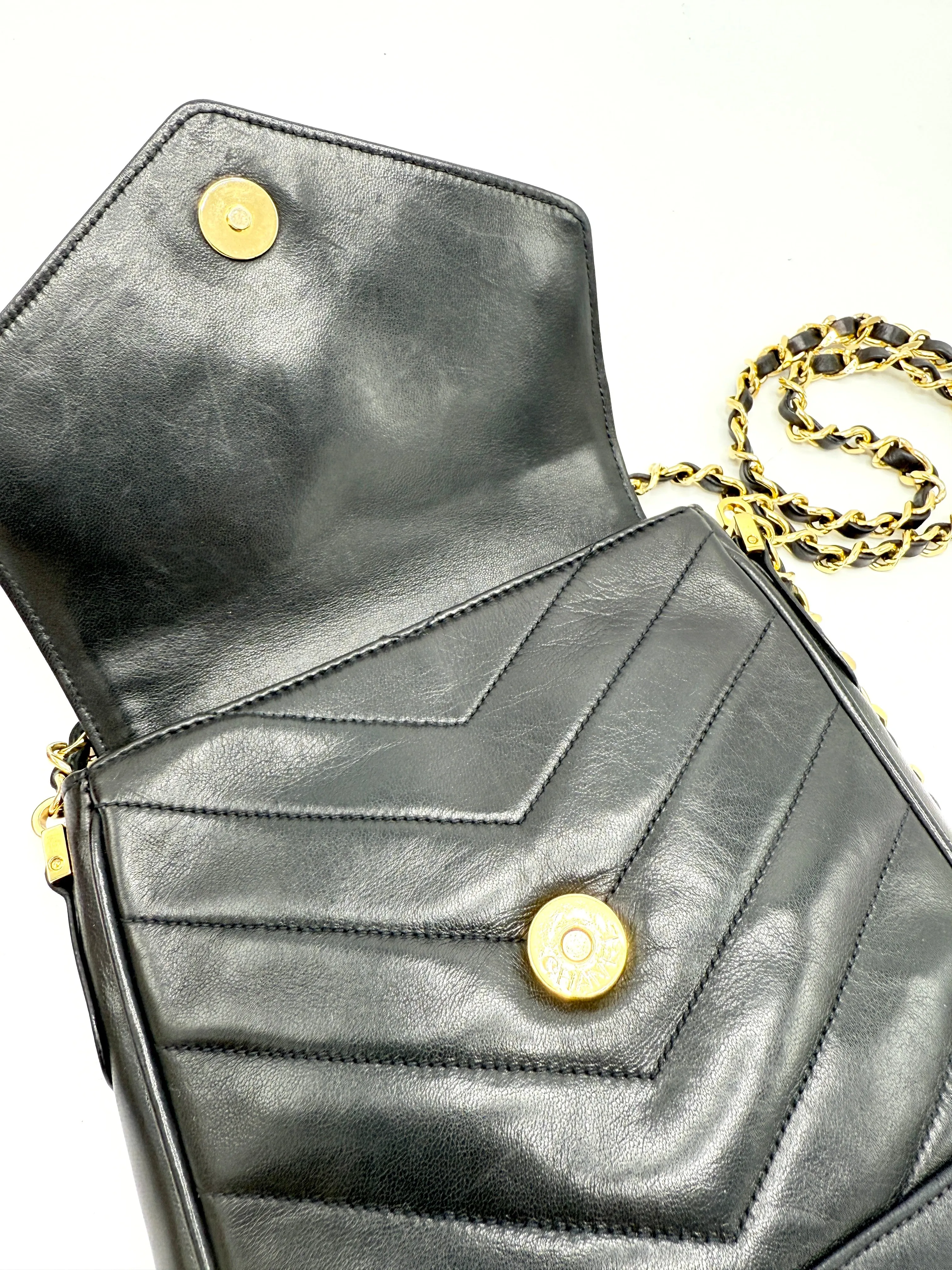 Black 24K CC Medallion Chevron Lambskin Mini Square Flap Crossbody