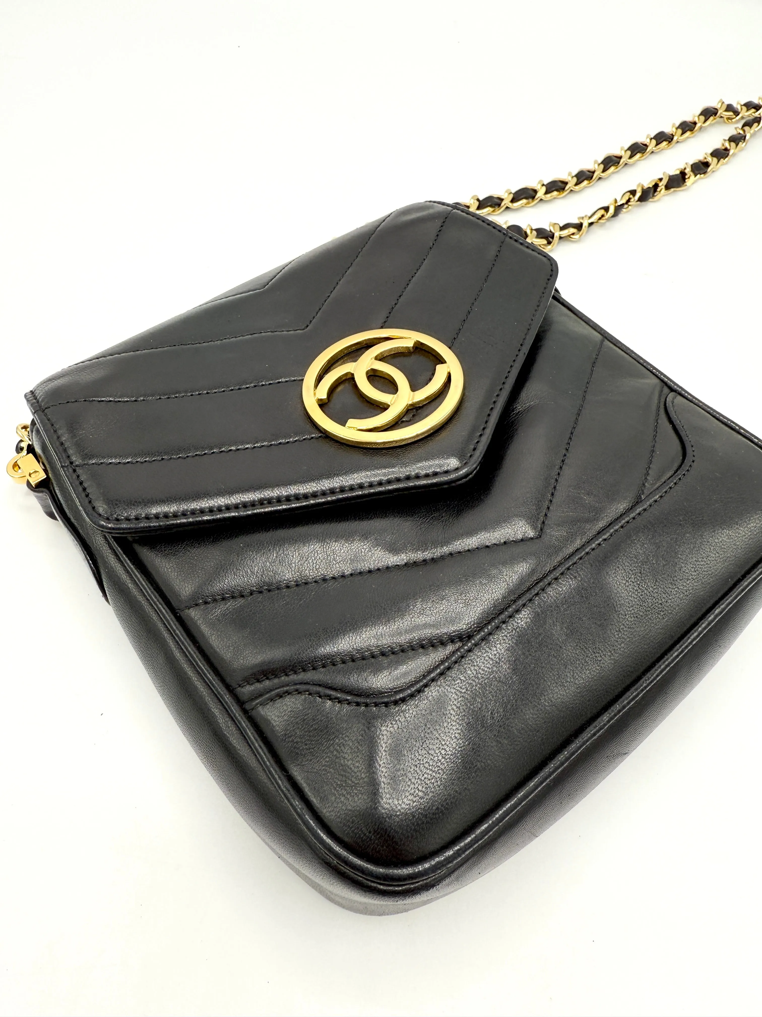 Black 24K CC Medallion Chevron Lambskin Mini Square Flap Crossbody