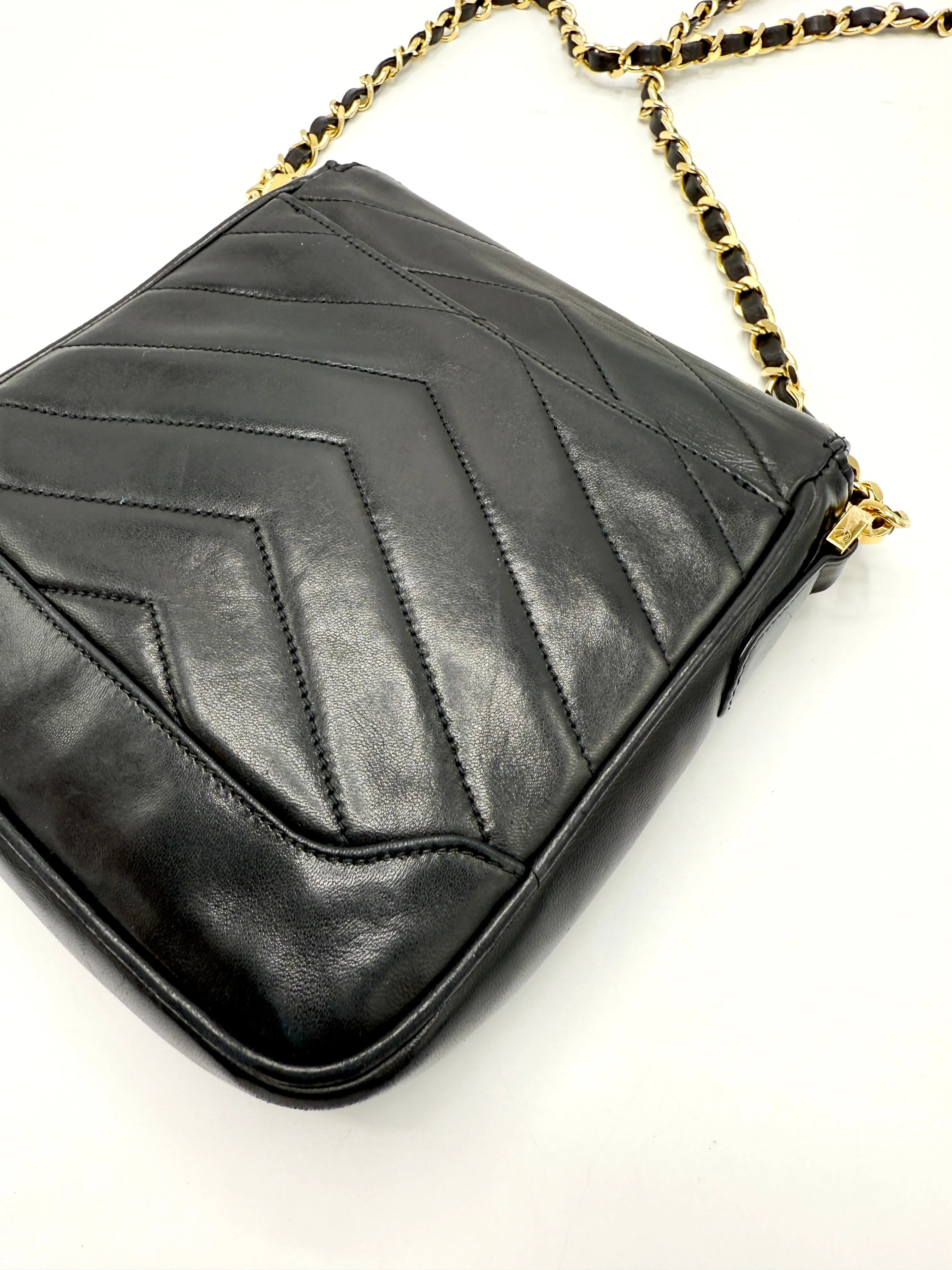 Black 24K CC Medallion Chevron Lambskin Mini Square Flap Crossbody