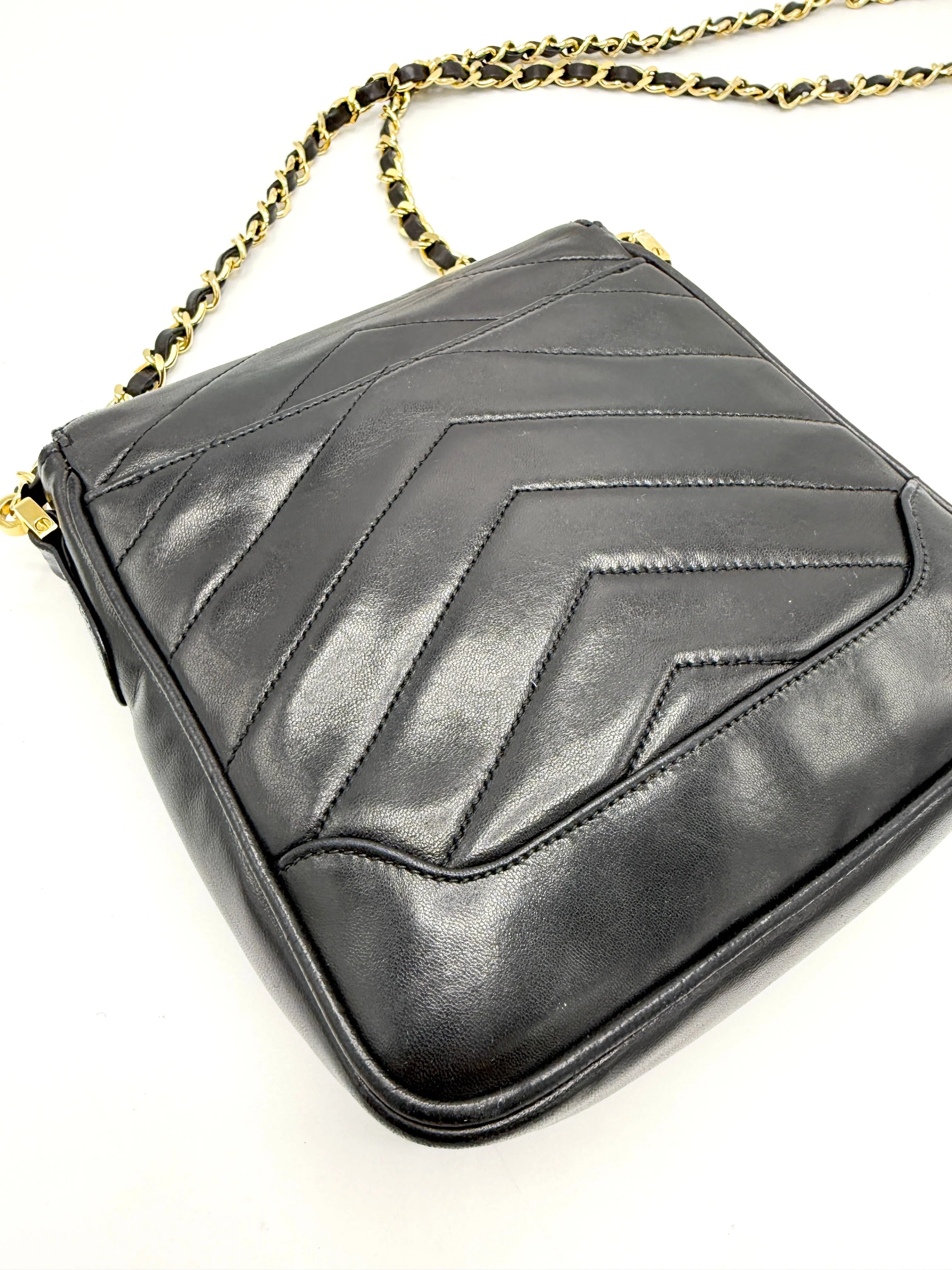 Black 24K CC Medallion Chevron Lambskin Mini Square Flap Crossbody