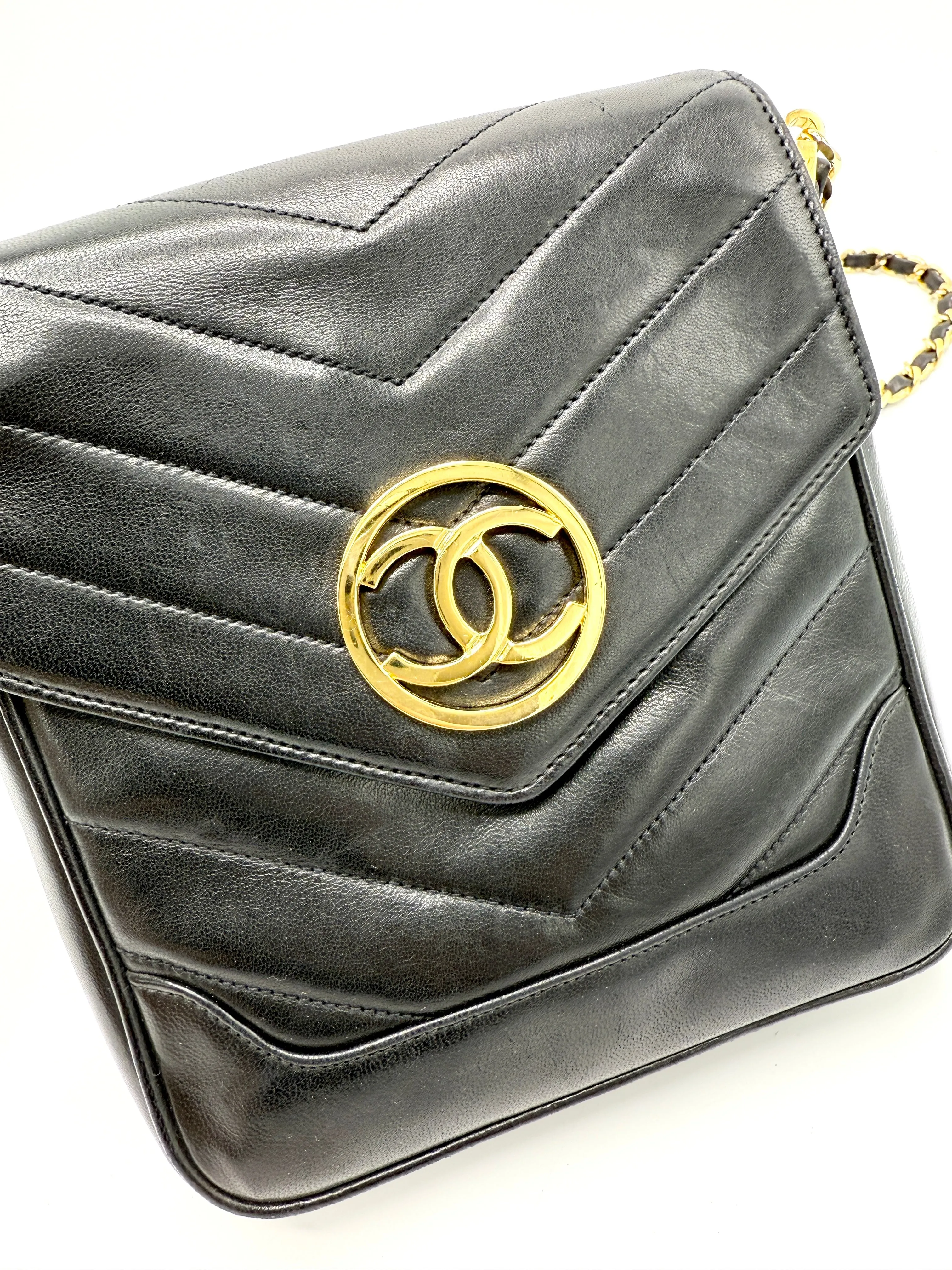 Black 24K CC Medallion Chevron Lambskin Mini Square Flap Crossbody