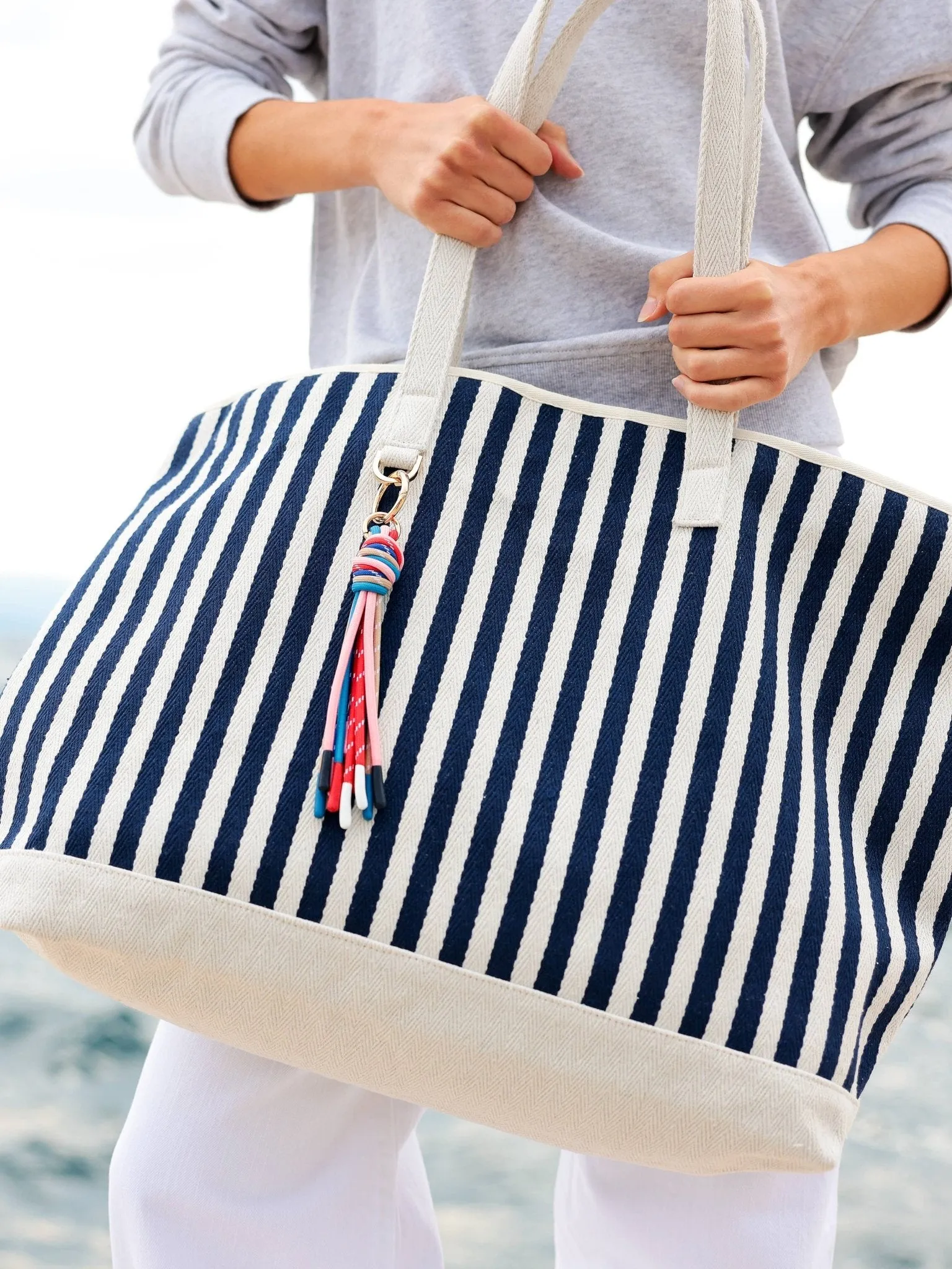 Blue stripped Tote with Tassel