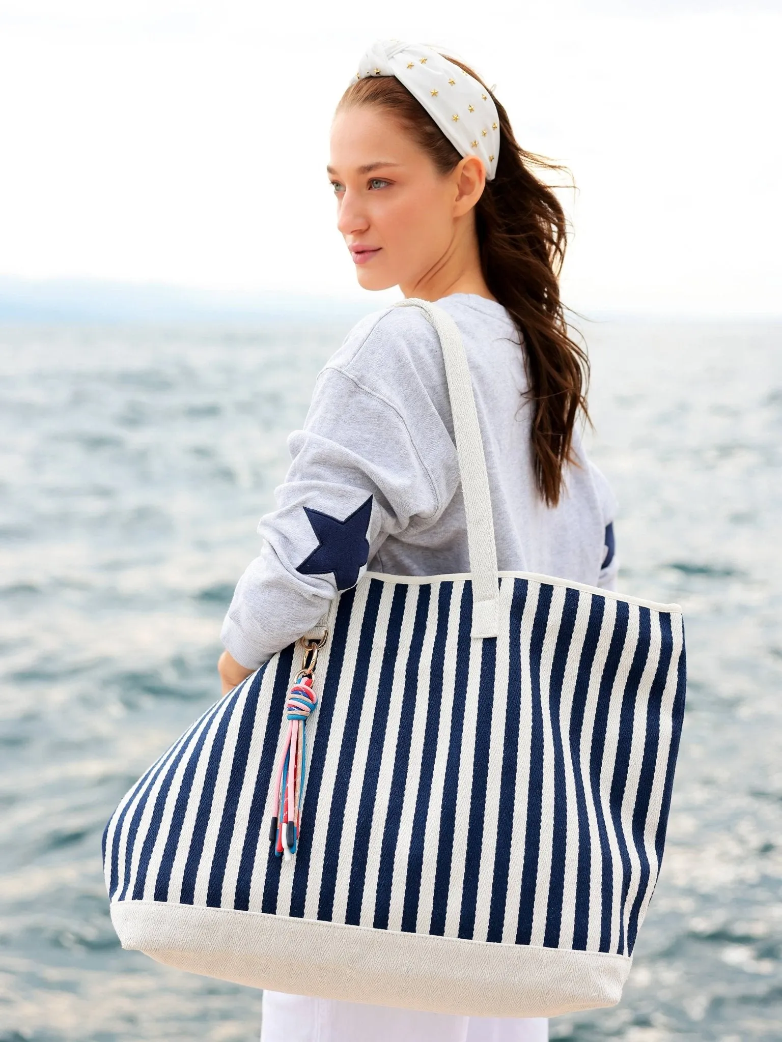 Blue stripped Tote with Tassel