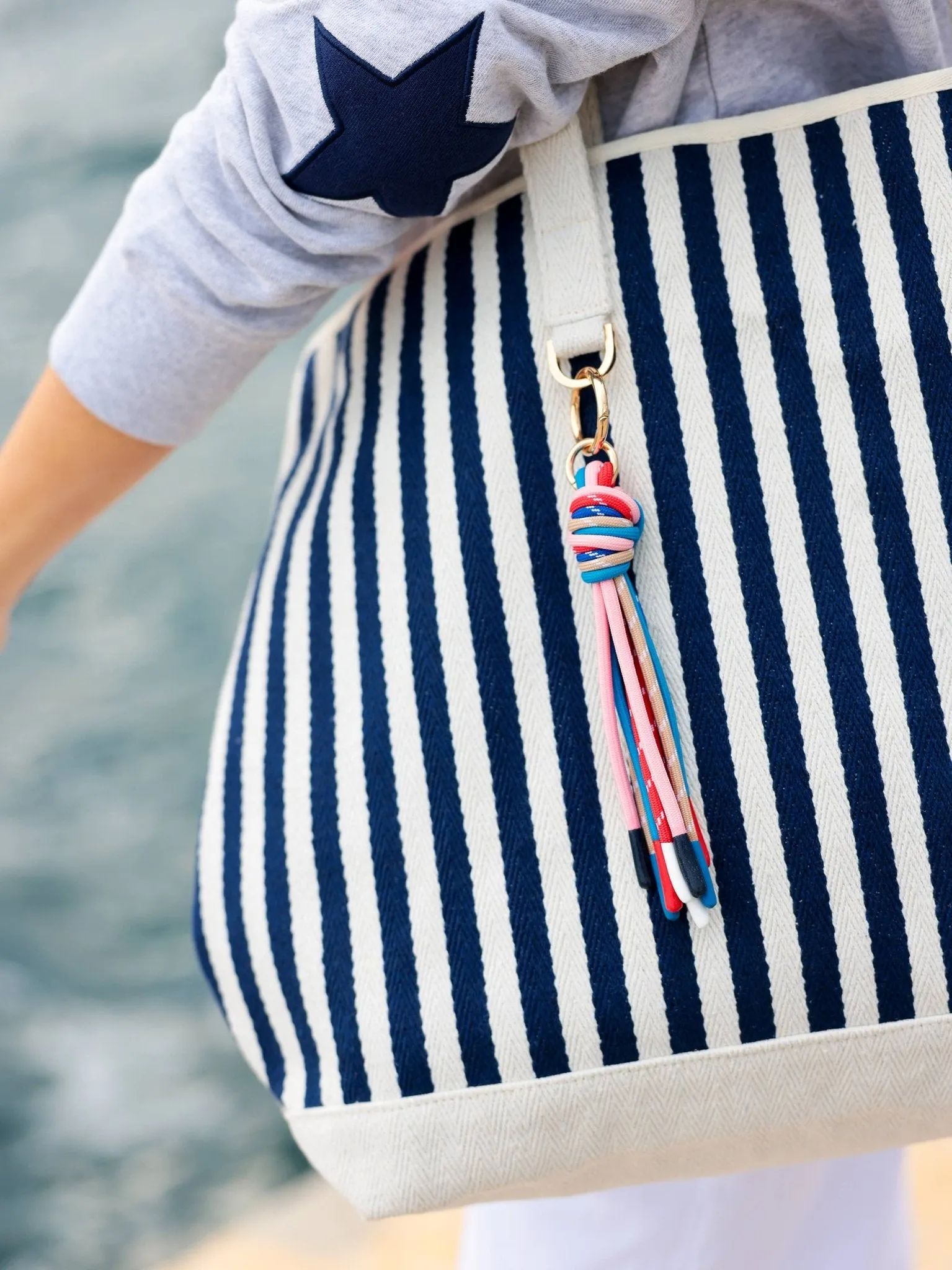 Blue stripped Tote with Tassel