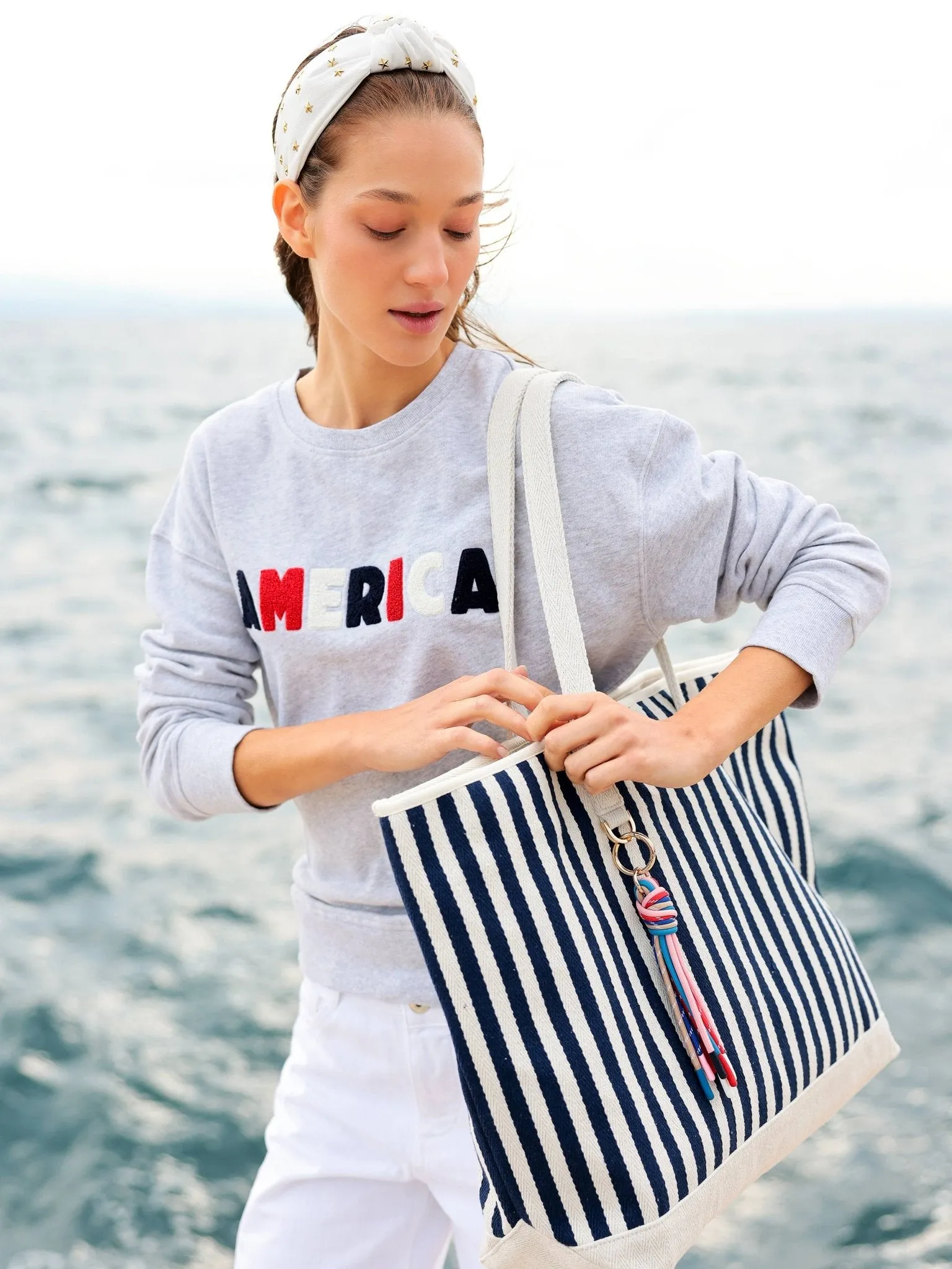 Blue stripped Tote with Tassel