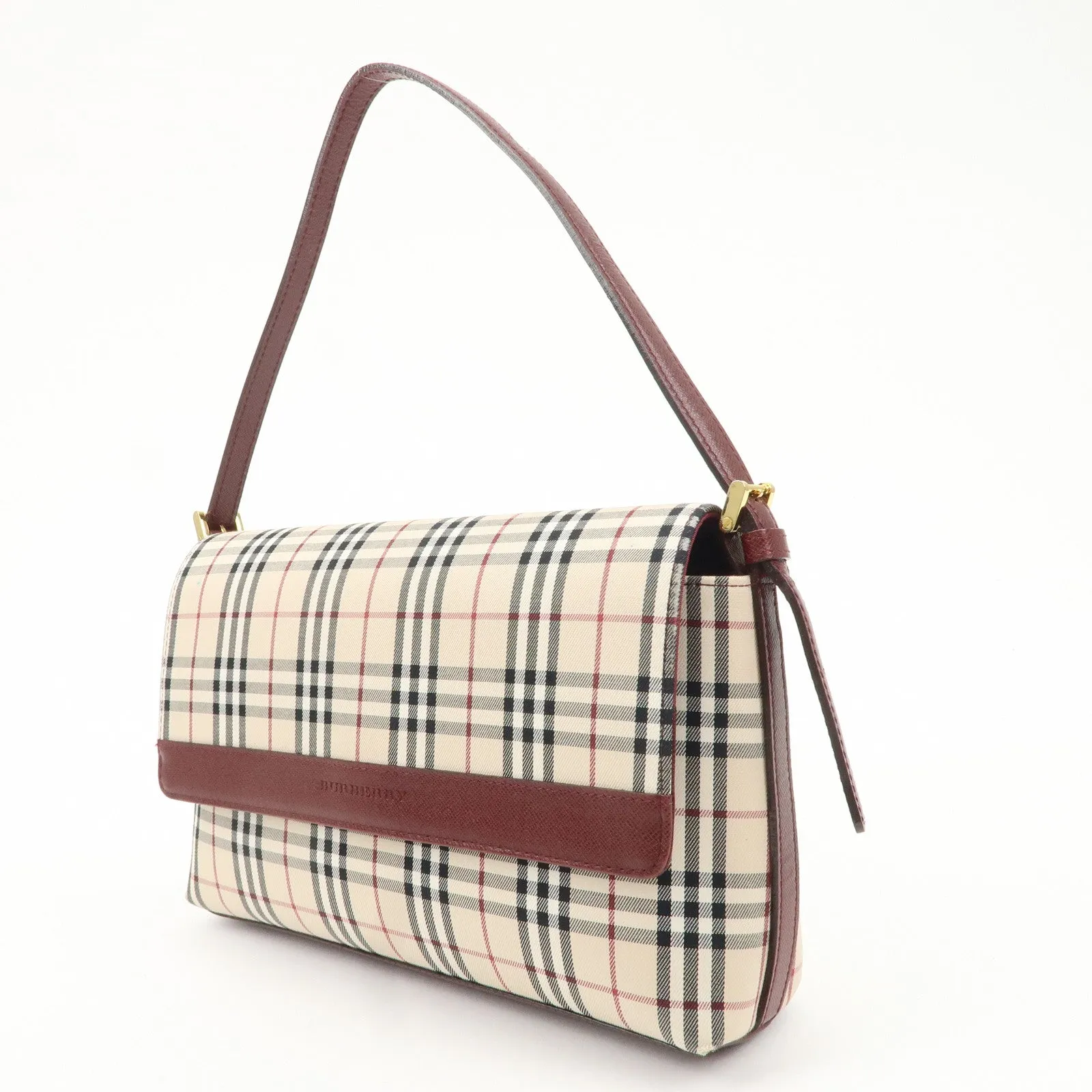 BURBERRY Canvas Leather Nova Plaid Shoulder Bag Hand Bag Bordeaux Used