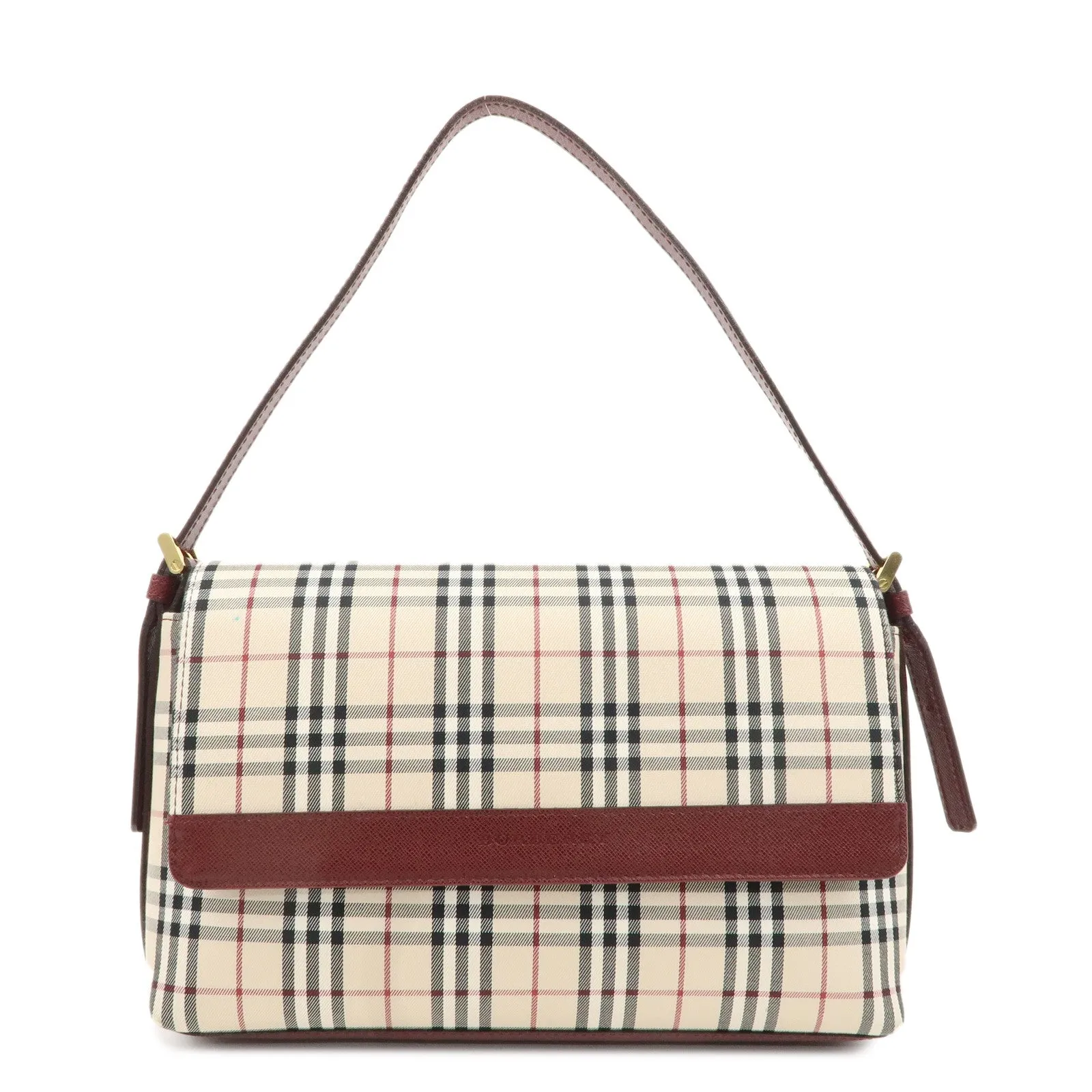 BURBERRY Canvas Leather Nova Plaid Shoulder Bag Hand Bag Bordeaux Used
