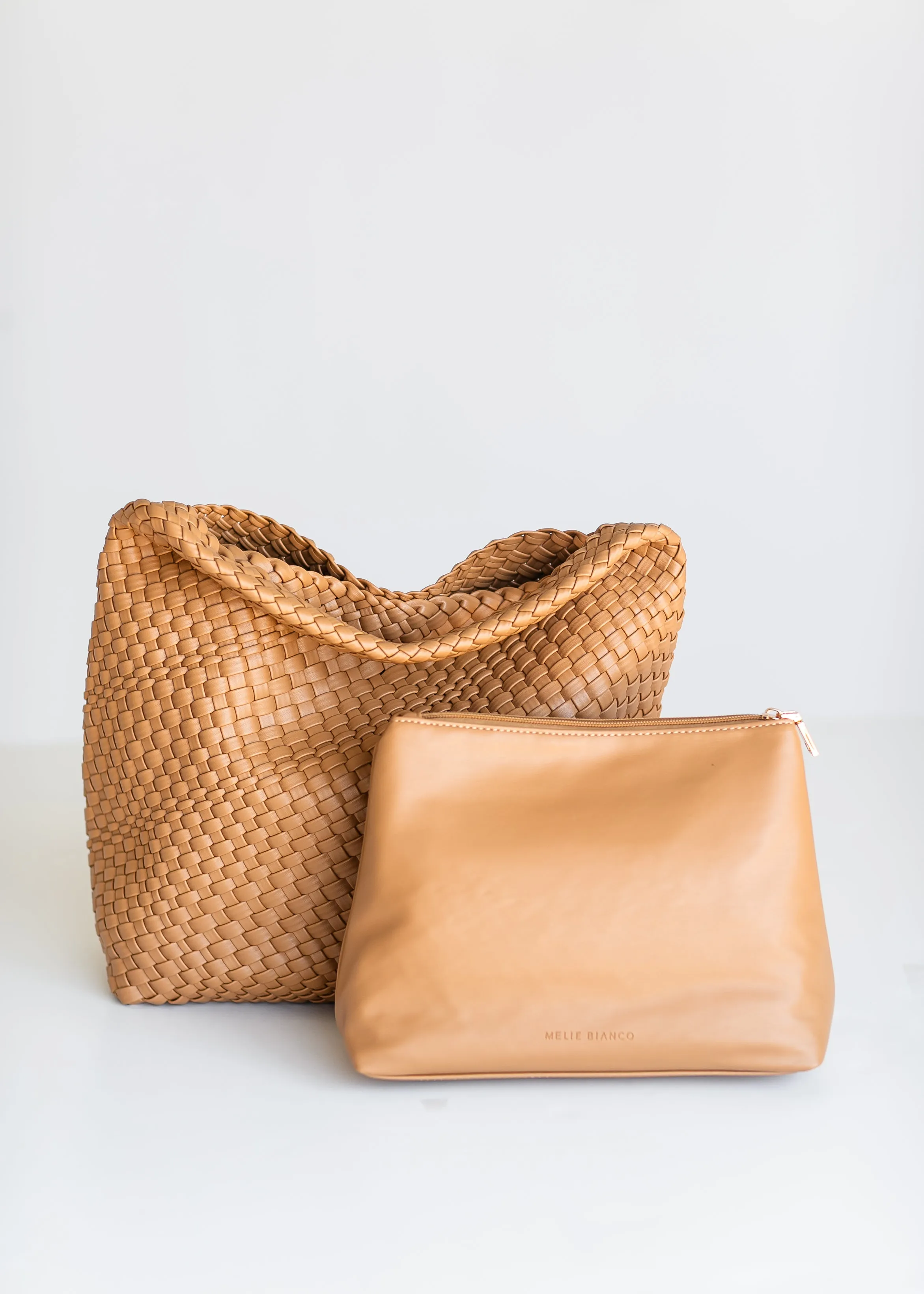 Camel Large Woven Vegan Leather Shoulder Bag