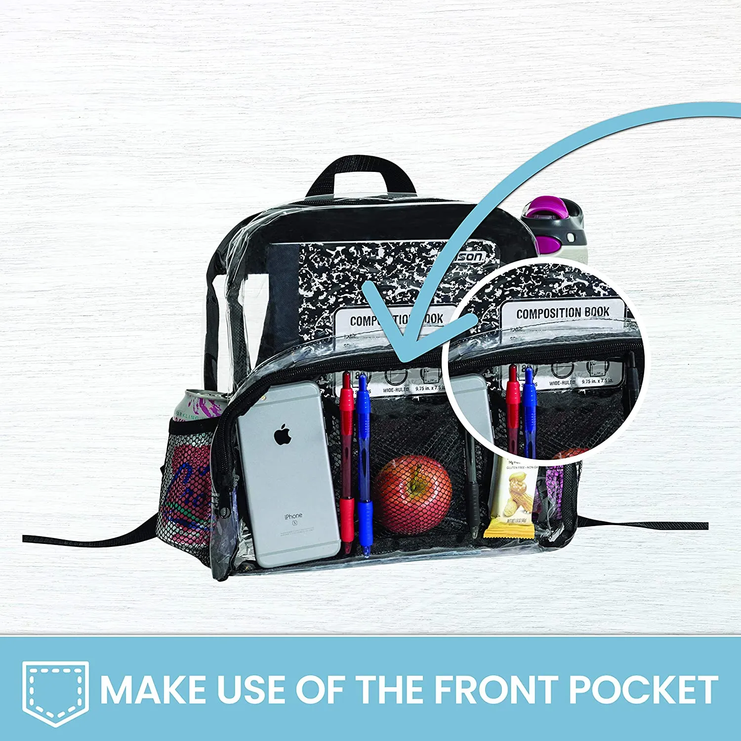 Clear Backpack Security Approved - Reinforced Straps & Front Accessory Pocket 12" x 5" x 12"