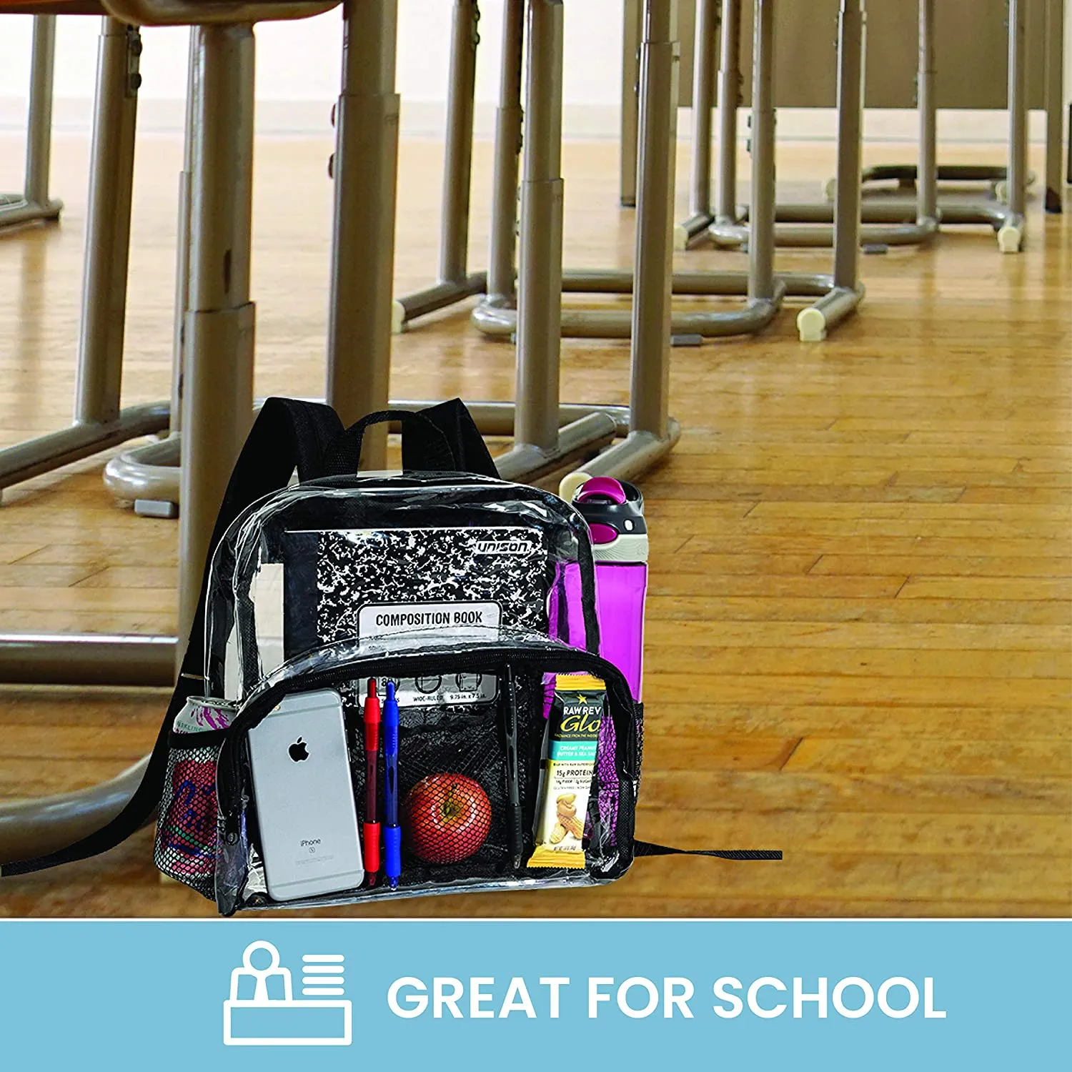 Clear Backpack Security Approved - Reinforced Straps & Front Accessory Pocket 12" x 5" x 12"