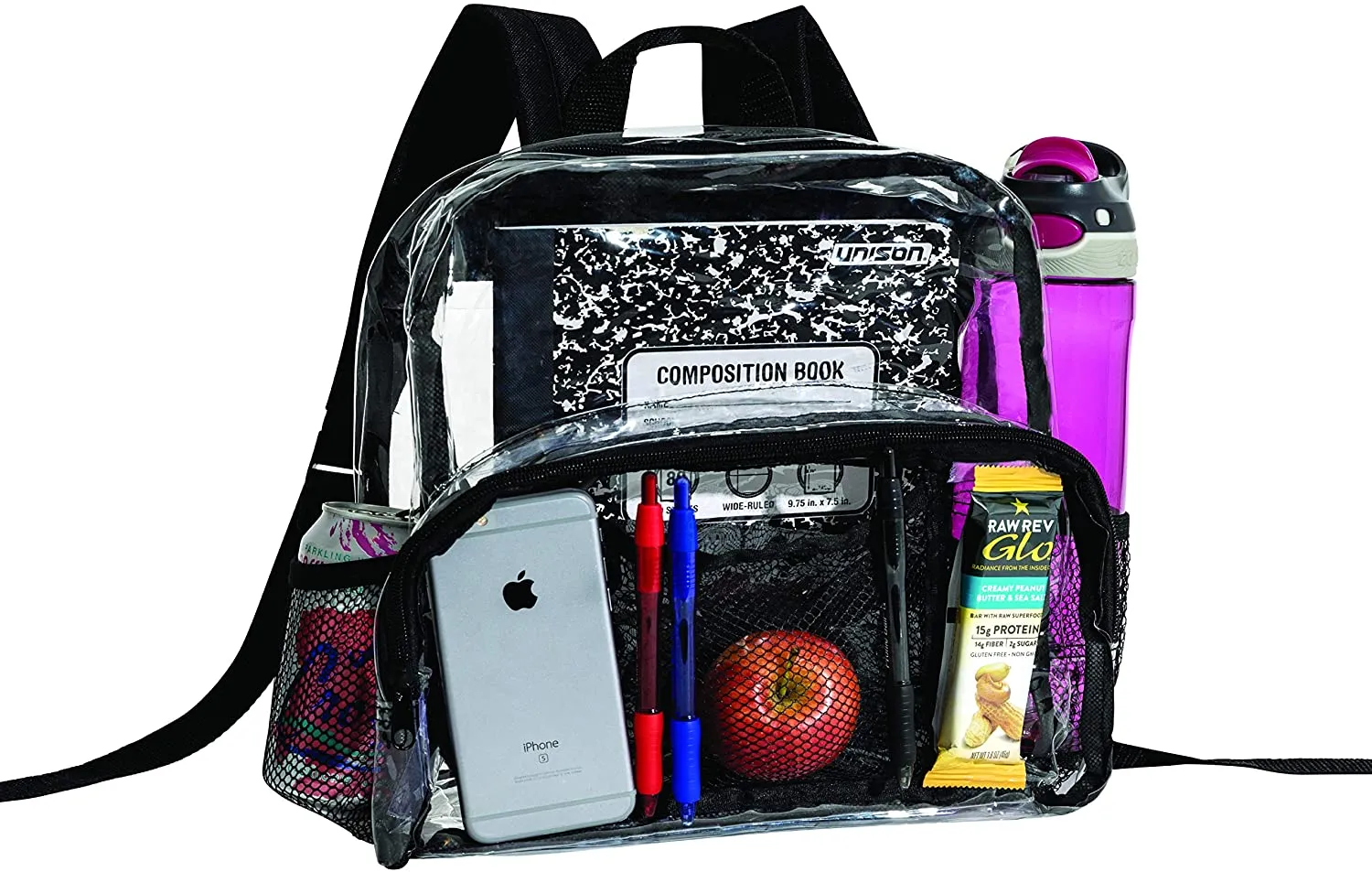 Clear Backpack Security Approved - Reinforced Straps & Front Accessory Pocket 12" x 5" x 12"