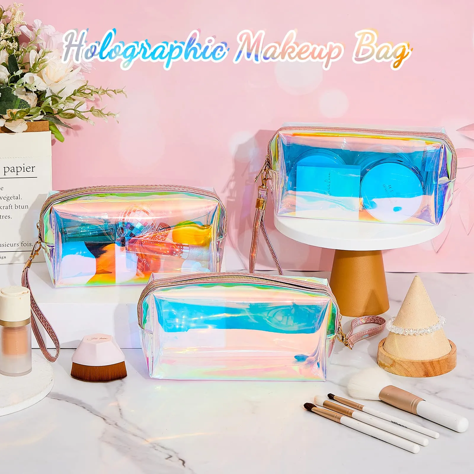 Dunzy 8 Pcs Holographic Clear Makeup Bags with Zipper Travel Cosmetic Bag Iridescent Makeup Pouches with Wrist Loop Waterproof Toiletry Organizer Case Home Office Purse Diaper Bag Vacation Gift(M)