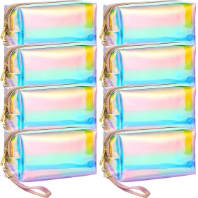Dunzy 8 Pcs Holographic Clear Makeup Bags with Zipper Travel Cosmetic Bag Iridescent Makeup Pouches with Wrist Loop Waterproof Toiletry Organizer Case Home Office Purse Diaper Bag Vacation Gift(M)