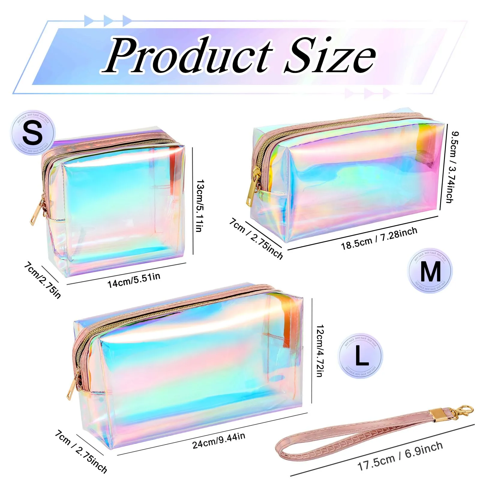 Dunzy 8 Pcs Holographic Clear Makeup Bags with Zipper Travel Cosmetic Bag Iridescent Makeup Pouches with Wrist Loop Waterproof Toiletry Organizer Case Home Office Purse Diaper Bag Vacation Gift(M)