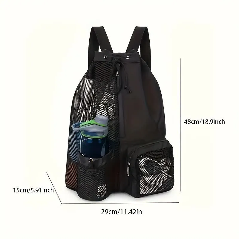 Grey Mesh Drawstring Backpack - Lightweight Sports and Beach Bag with Pockets