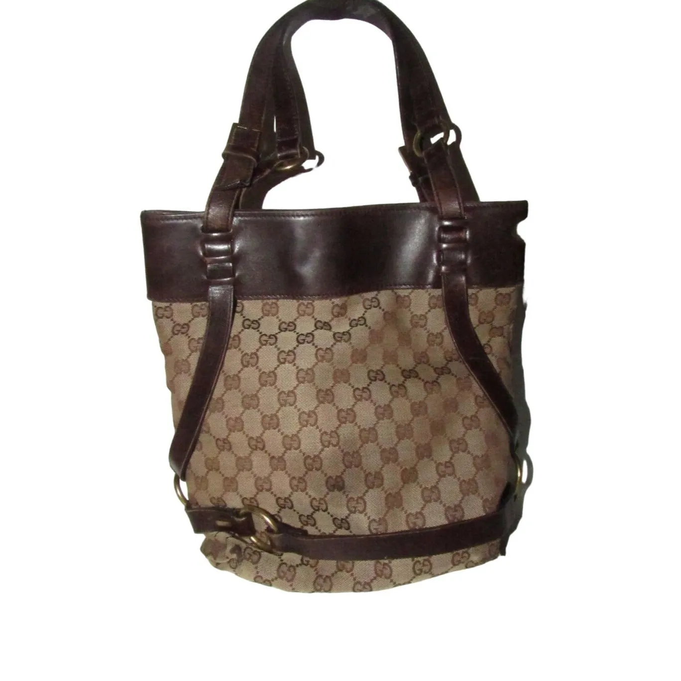 Gucci brown Guccissima print canvas & leather strappy cylindrical tote with brass accents