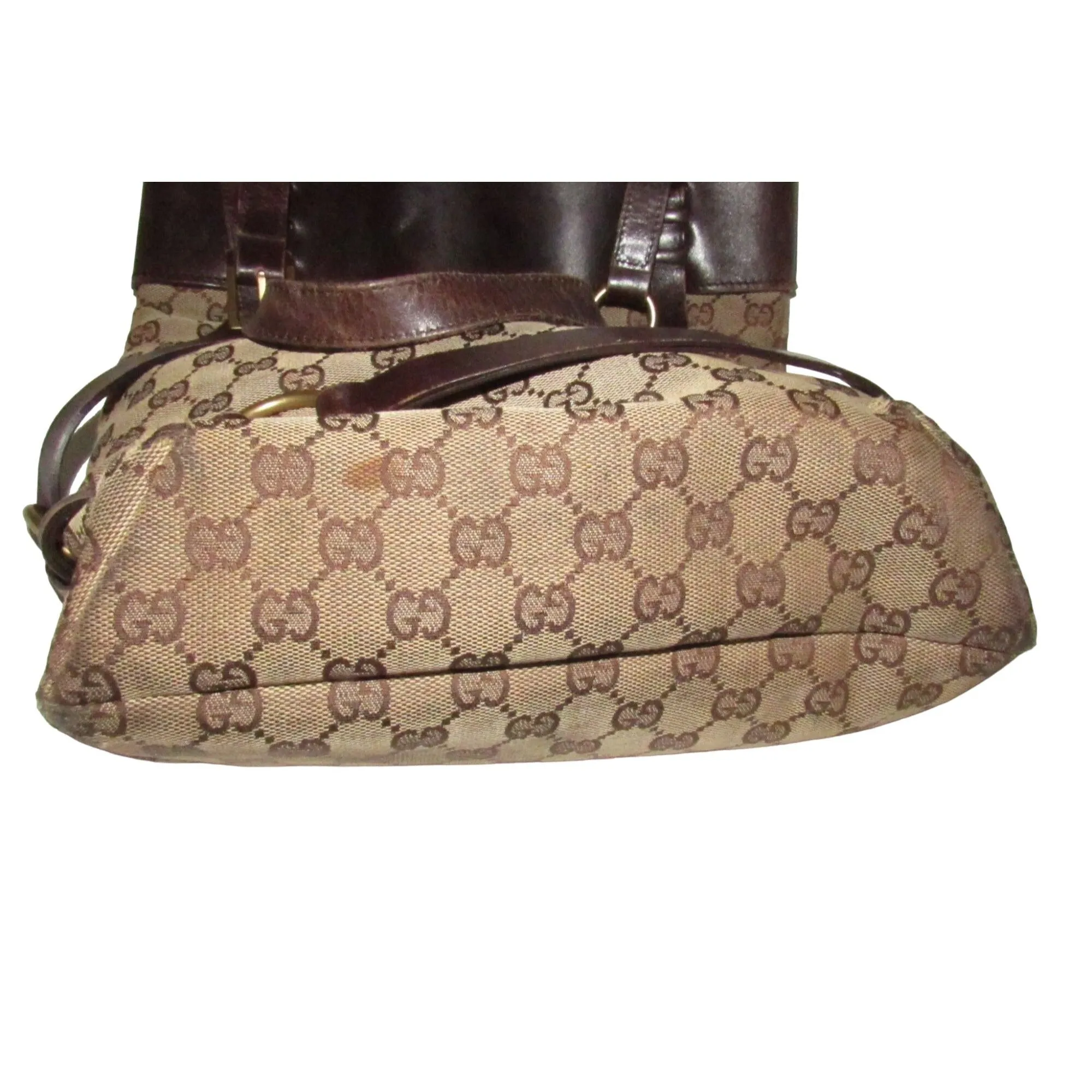 Gucci brown Guccissima print canvas & leather strappy cylindrical tote with brass accents