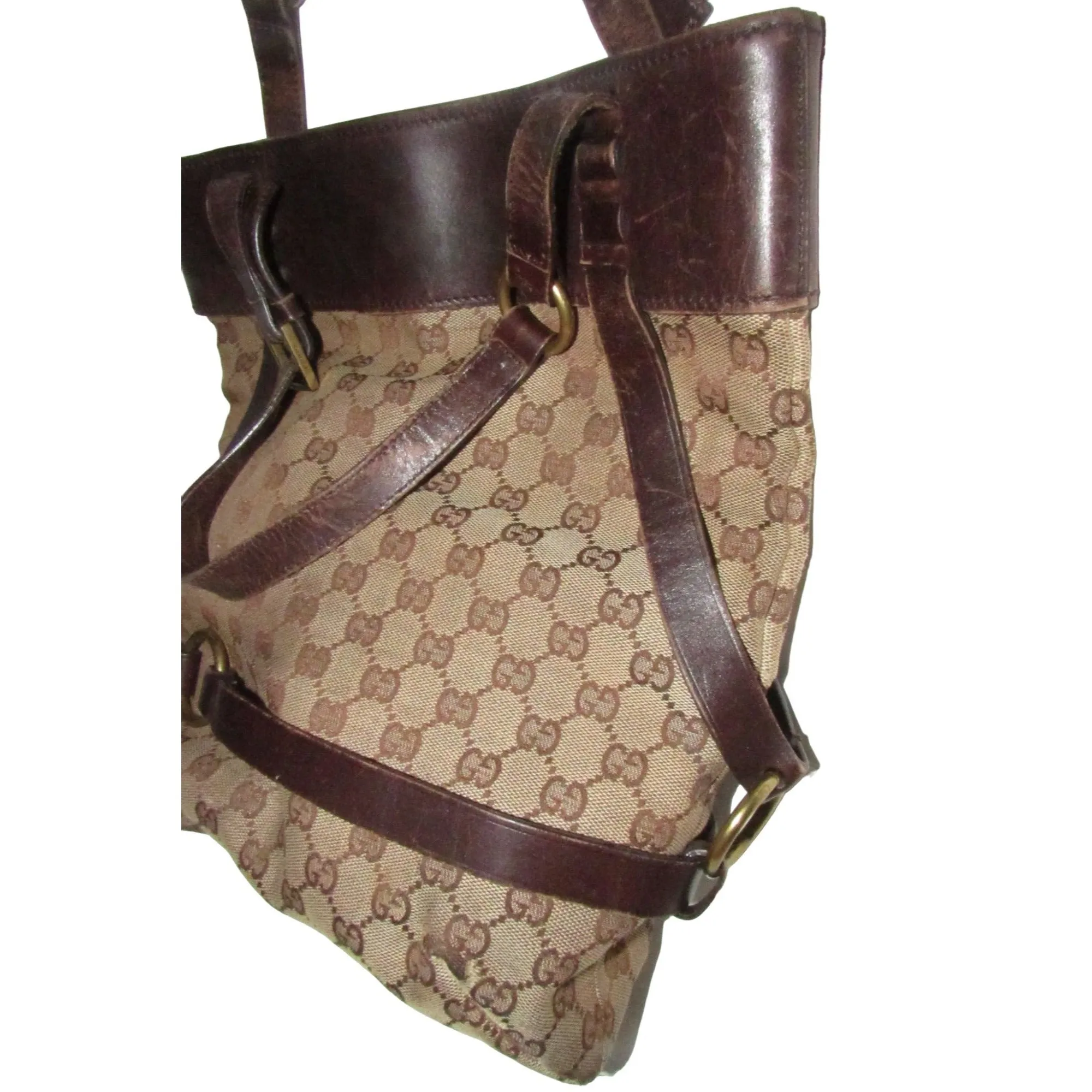 Gucci brown Guccissima print canvas & leather strappy cylindrical tote with brass accents