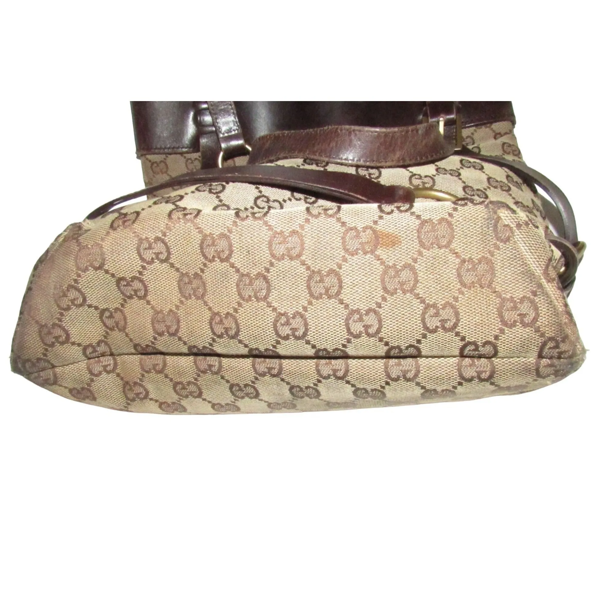 Gucci brown Guccissima print canvas & leather strappy cylindrical tote with brass accents