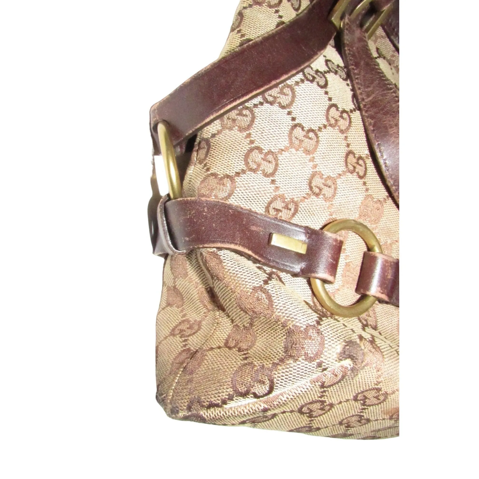 Gucci brown Guccissima print canvas & leather strappy cylindrical tote with brass accents