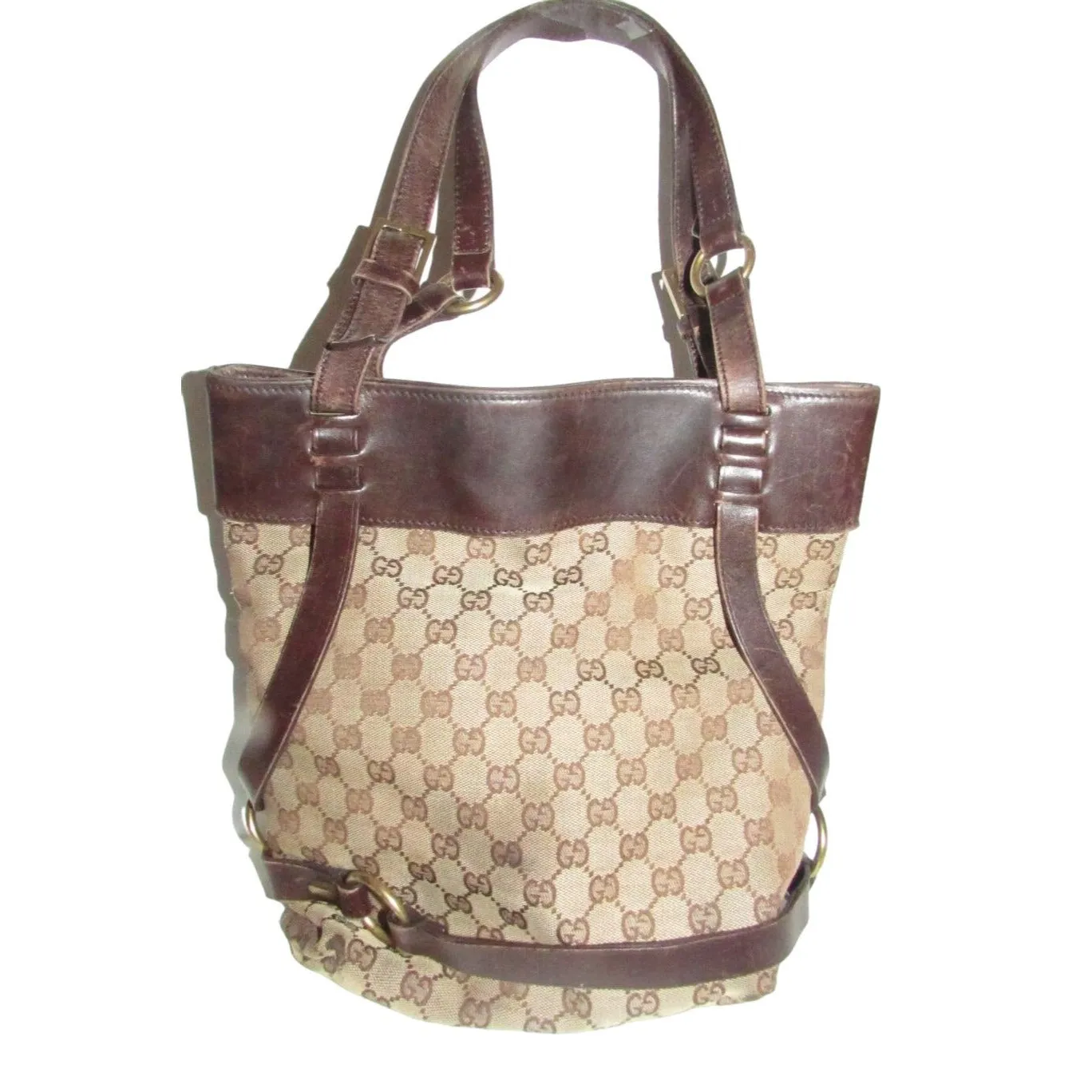 Gucci brown Guccissima print canvas & leather strappy cylindrical tote with brass accents