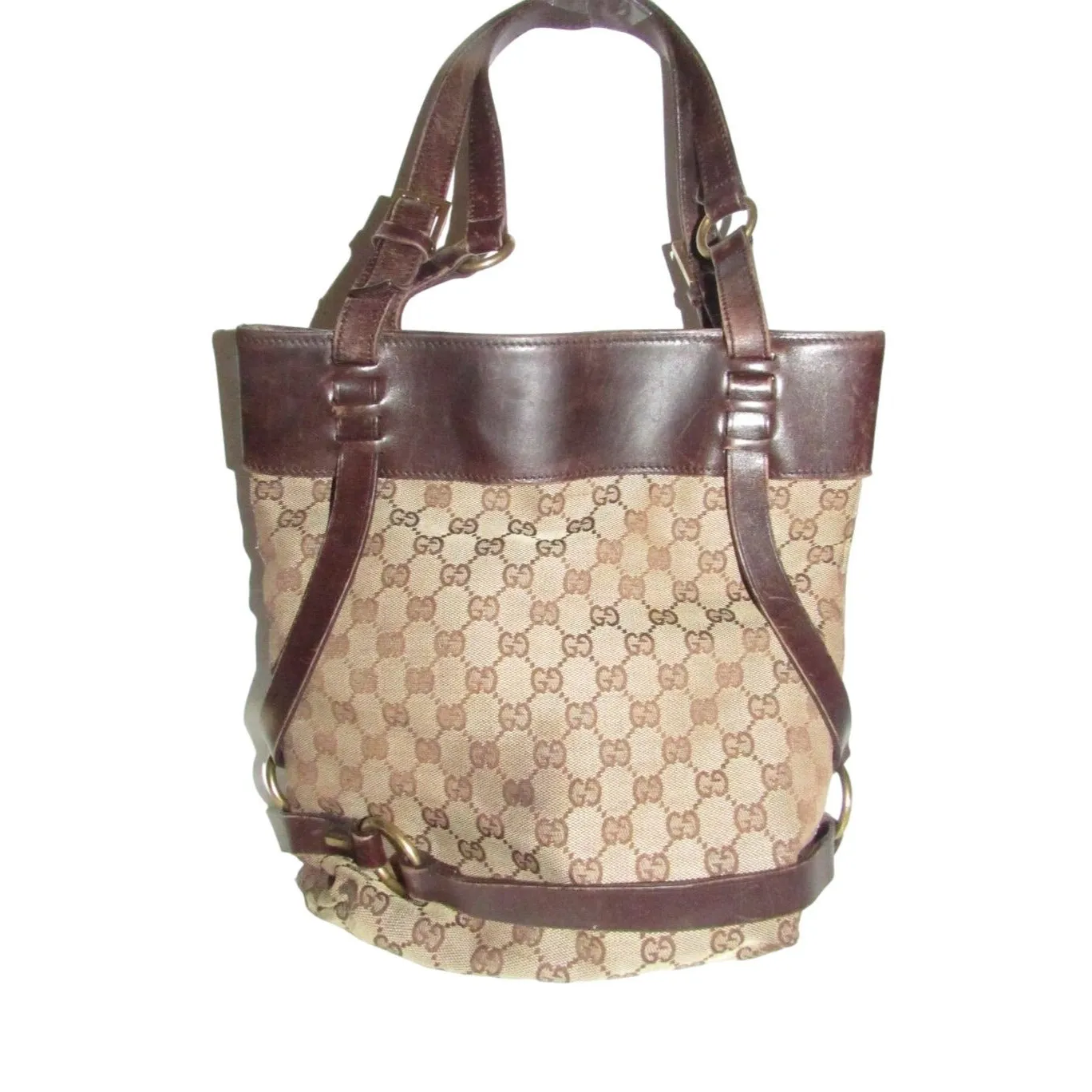 Gucci brown Guccissima print canvas & leather strappy cylindrical tote with brass accents