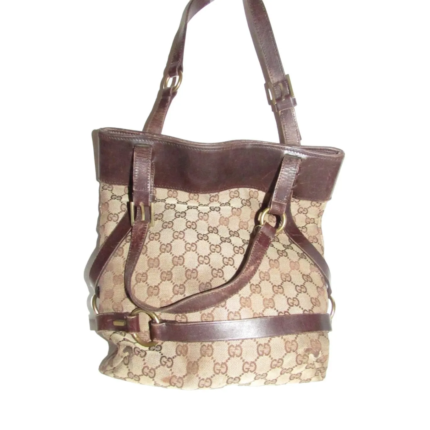 Gucci brown Guccissima print canvas & leather strappy cylindrical tote with brass accents