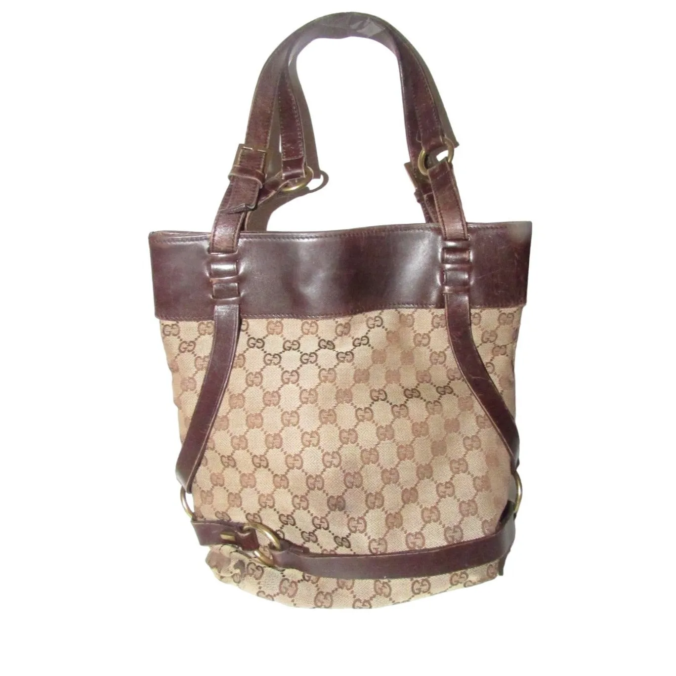 Gucci brown Guccissima print canvas & leather strappy cylindrical tote with brass accents