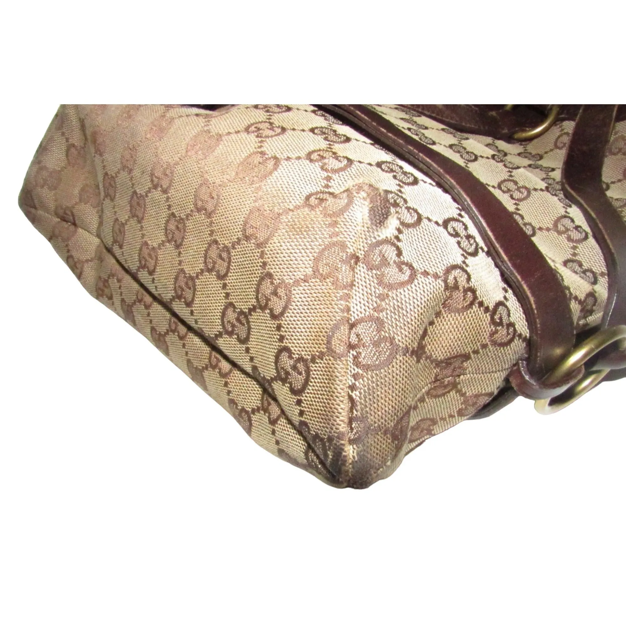 Gucci brown Guccissima print canvas & leather strappy cylindrical tote with brass accents