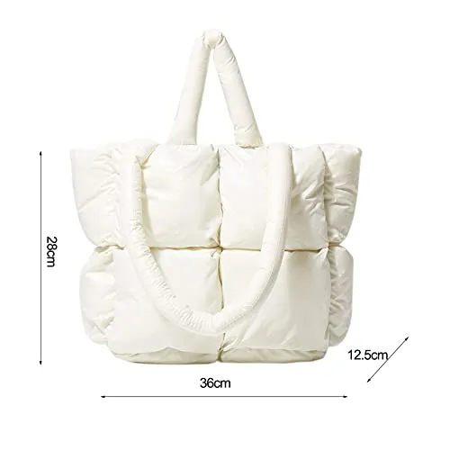 JQWYGB Puffer Tote Bag for Women - Large Puffy Tote Bag Purse Soft Padded Cotton Checkered Quilted Shoulder Bags Handbags (White)