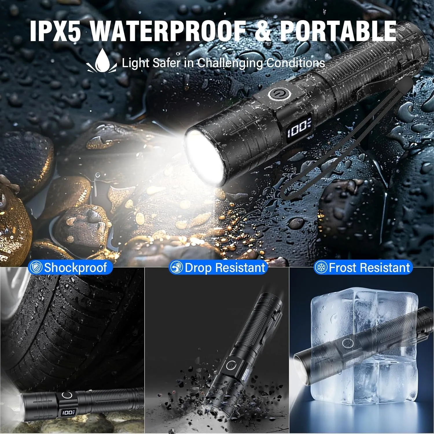 LED Flashlight, High Powered 50000 Lumens 6 Modes Waterproof