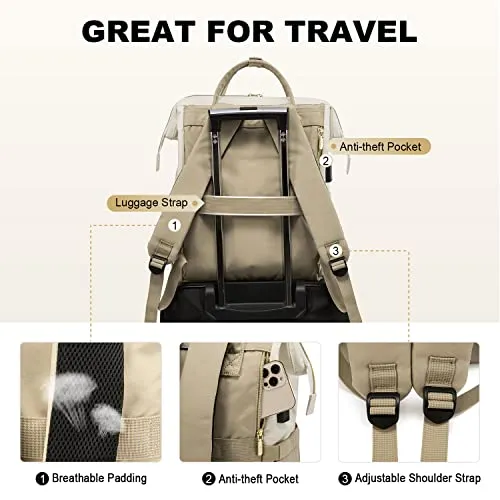 LOVEVOOK Laptop Backpack for Women Fashion Business Computer Backpacks Travel Bags Purse Doctor Nurse Work Backpack with USB Port, Fits 15.6-Inch Laptop Beige-Khaki