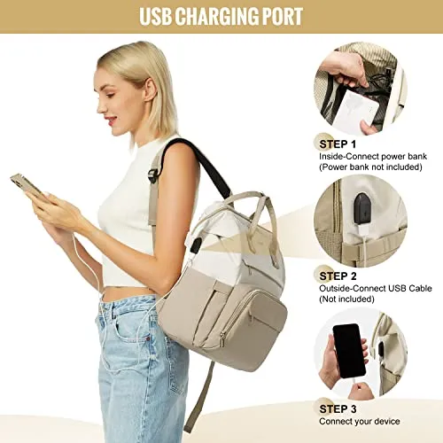 LOVEVOOK Laptop Backpack for Women Fashion Business Computer Backpacks Travel Bags Purse Doctor Nurse Work Backpack with USB Port, Fits 15.6-Inch Laptop Beige-Khaki