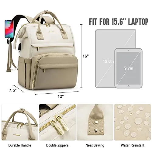 LOVEVOOK Laptop Backpack for Women Fashion Business Computer Backpacks Travel Bags Purse Doctor Nurse Work Backpack with USB Port, Fits 15.6-Inch Laptop Beige-Khaki