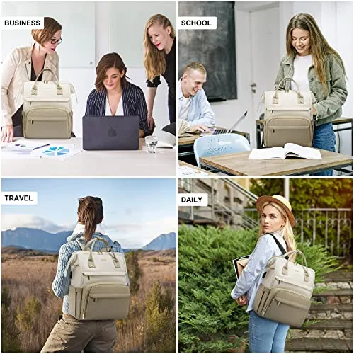 LOVEVOOK Laptop Backpack for Women Fashion Business Computer Backpacks Travel Bags Purse Doctor Nurse Work Backpack with USB Port, Fits 15.6-Inch Laptop Beige-Khaki