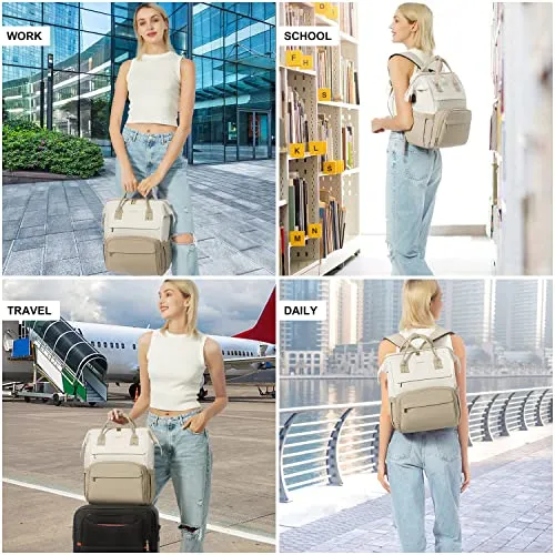 LOVEVOOK Laptop Backpack for Women Fashion Business Computer Backpacks Travel Bags Purse Doctor Nurse Work Backpack with USB Port, Fits 15.6-Inch Laptop Beige-Khaki