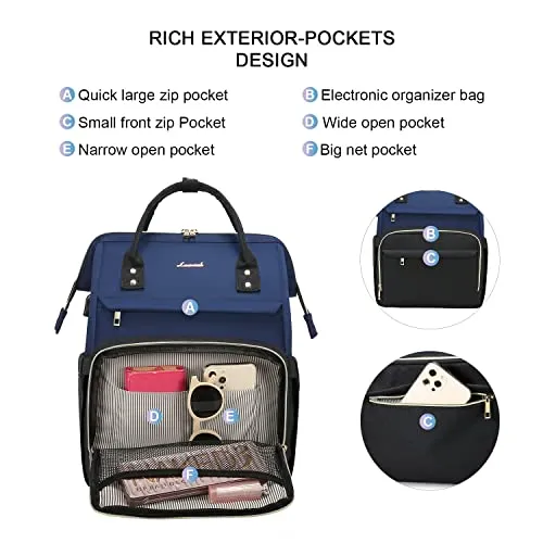 LOVEVOOK Laptop Backpack for Women Travel Business Work Computer Bag Purse with USB Port Fits 15.6-Inch Laptop Navy Blue-Black