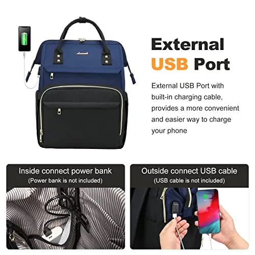 LOVEVOOK Laptop Backpack for Women Travel Business Work Computer Bag Purse with USB Port Fits 15.6-Inch Laptop Navy Blue-Black