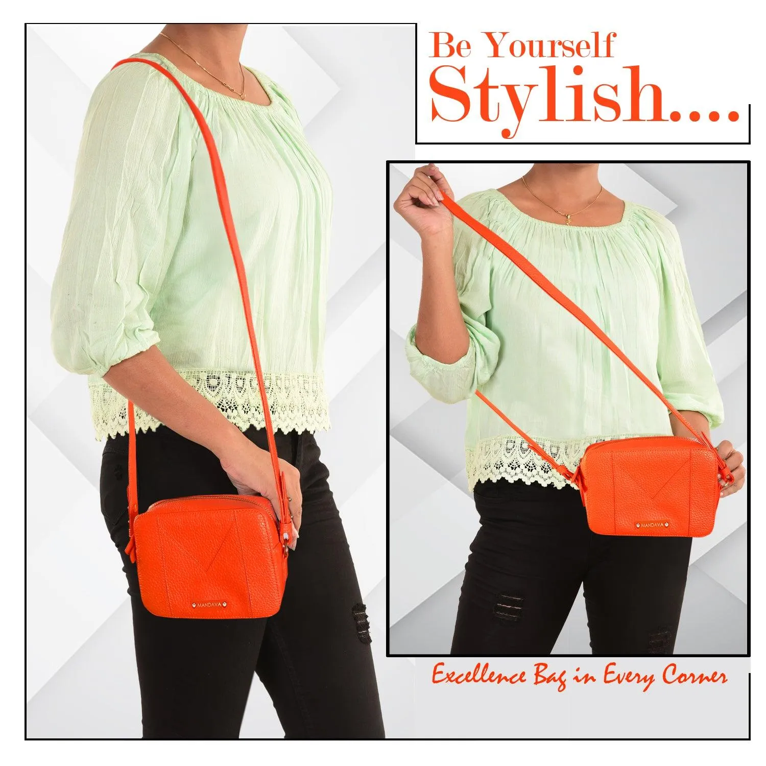 MANDAVA Women's PU Leather Crossbody Bag | Ladies Mini Shoulder Bag with Adjustable & Detachable Strap (Orange)
