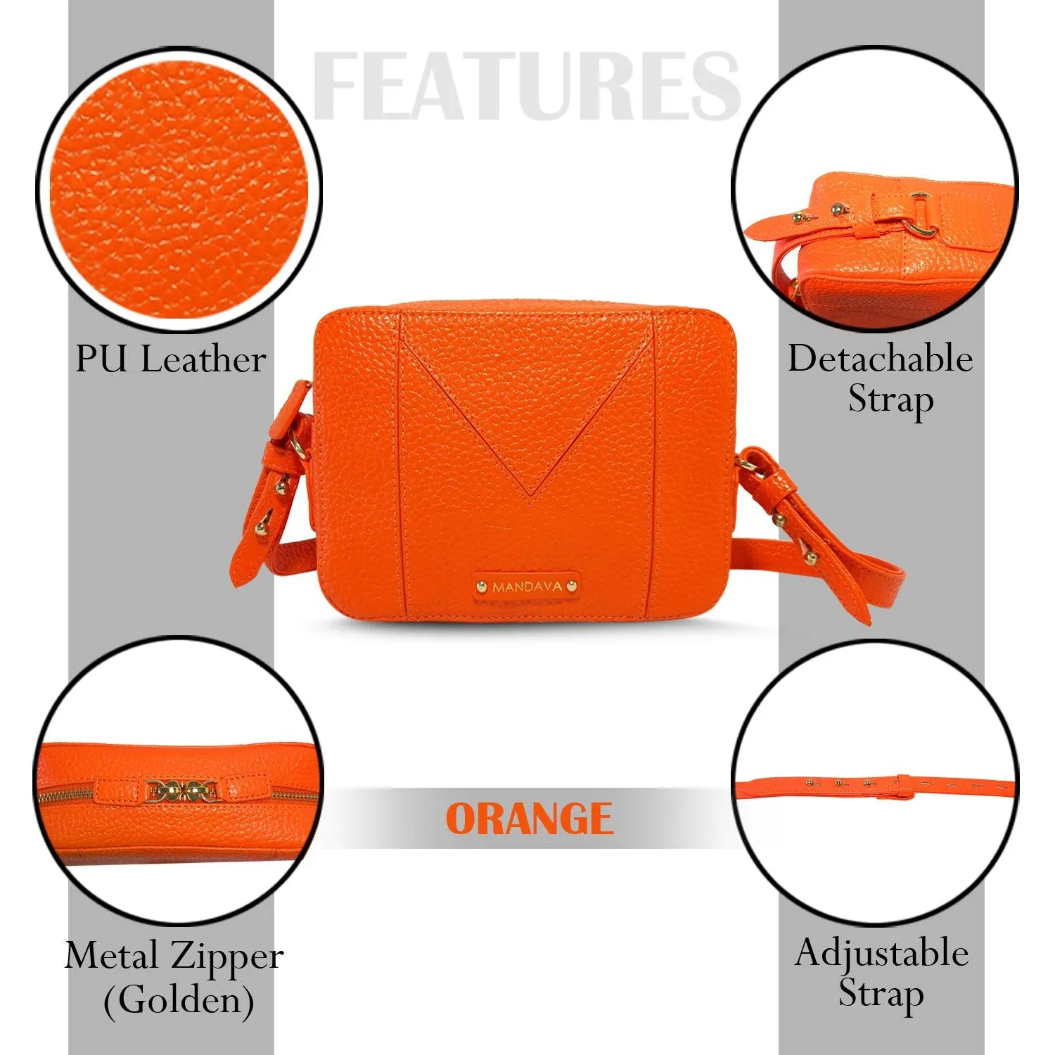 MANDAVA Women's PU Leather Crossbody Bag | Ladies Mini Shoulder Bag with Adjustable & Detachable Strap (Orange)